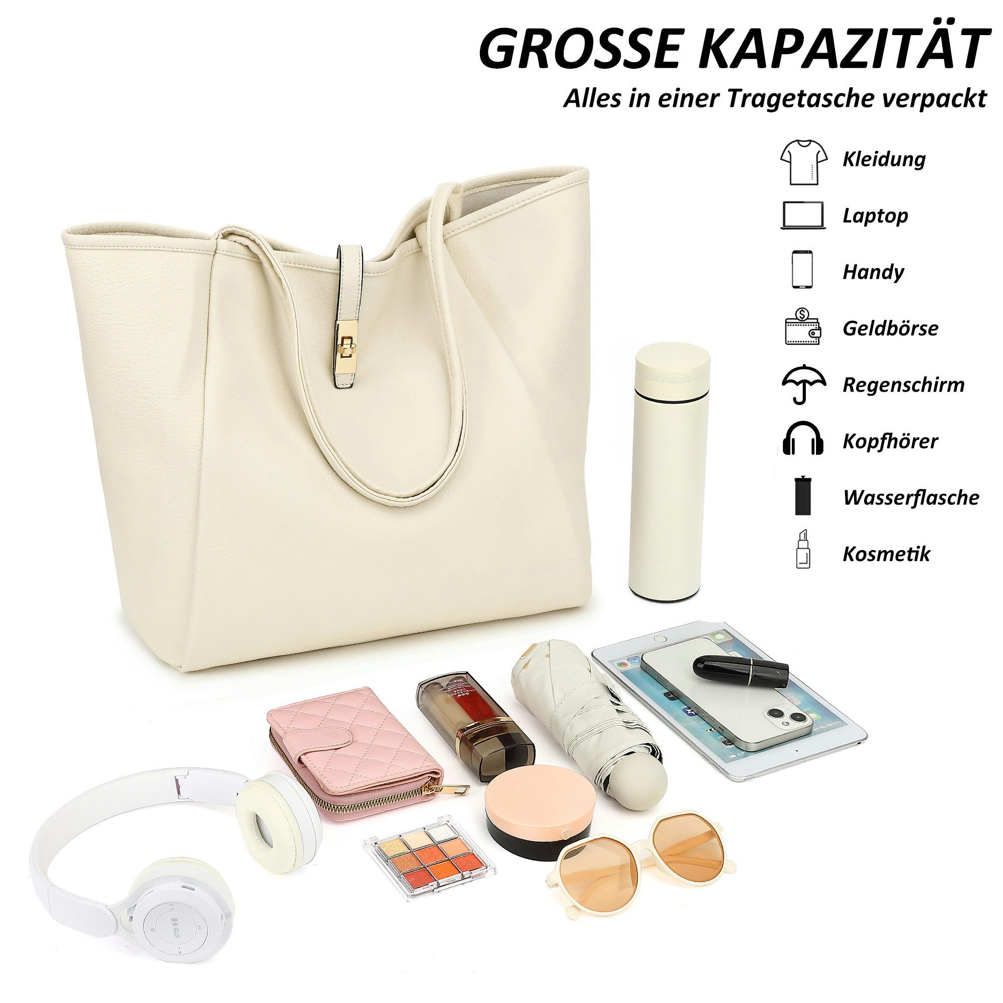 TAN.TOMI Schultertasche Damen Umhängetasche PU Leder Tote Shopper Bag Reise Geldbörse, Mit Drehverschluss und Innentasche für Arbeit, Schule, Einkauf