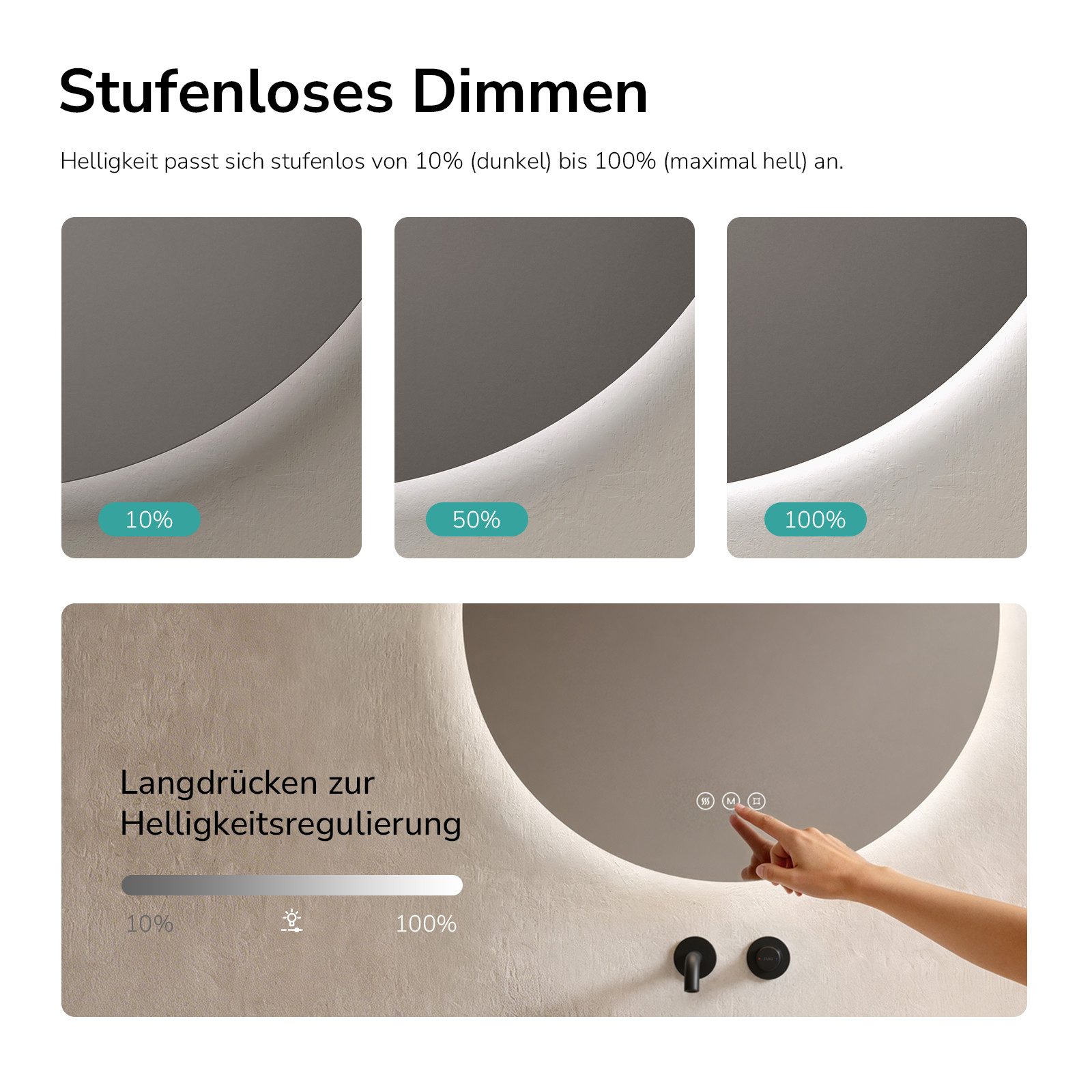 EMKE LED-Lichtspiegel Badspiegel rund, rahmenlos, Touch-Steuerung, dimmbar, Memory-Funktion (50–80 cm, Touchschalter), 3 Lichtfarben, Antibeschlag, indirekte Be – Bild 5 von 5