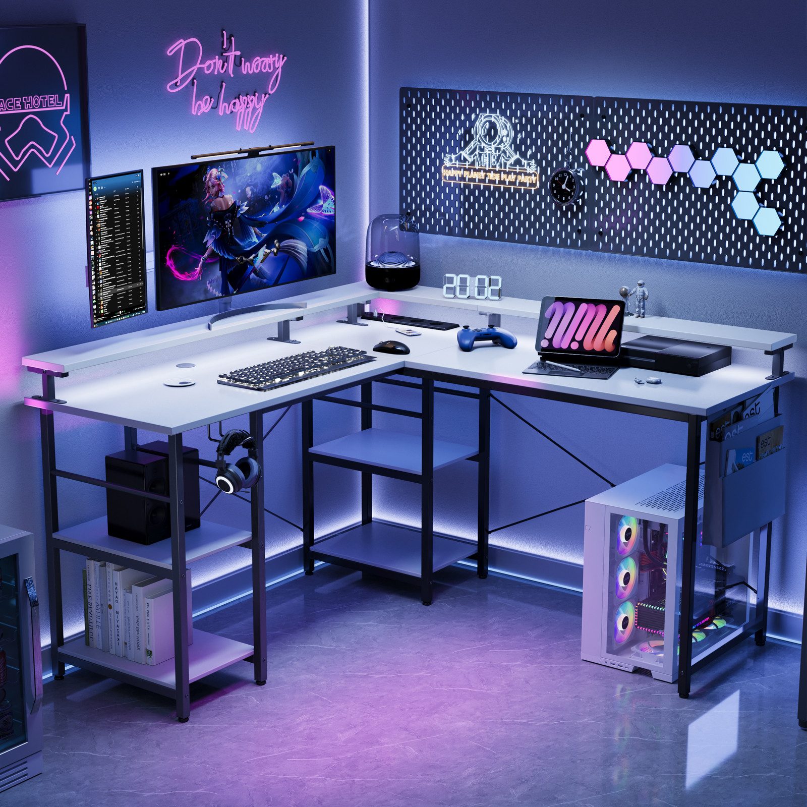 BBWL Computertisch L-förmiger Gaming-Schreibtisch mit LED, Steckdose, Monitorständer, 140 x 140 x 85 cm,mit Ablagefach, langer 2-Personen-Schreibtisch