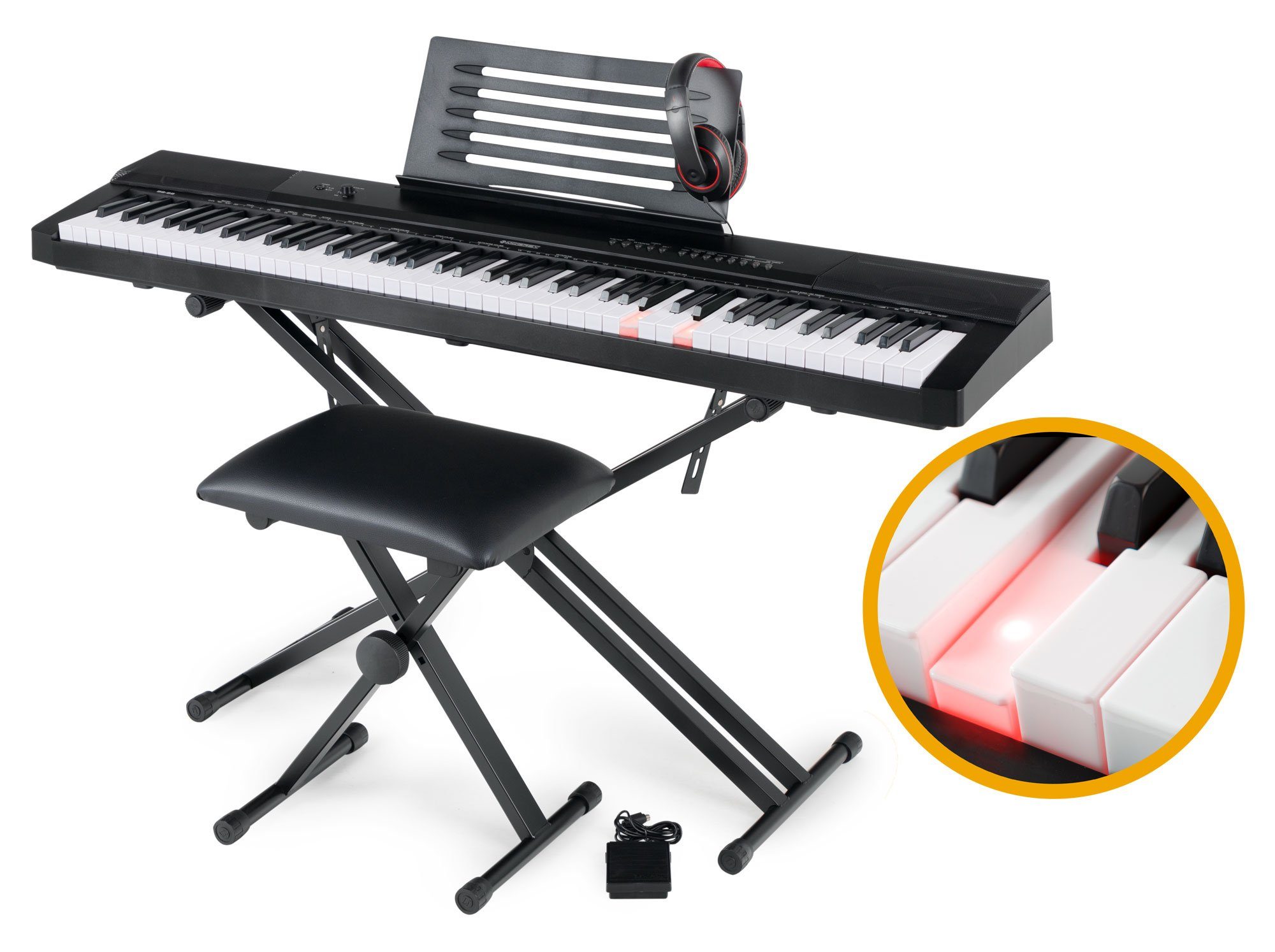 McGrey Home Keyboard SK-88LT - 88 Leuchttasten Einsteiger-Keyboard in Stagepiano-Optik, (Super Kit, 5 tlg., inkl. Sustain-Pedal, Keyboardständer, Hocker und Kopfhörer), 146 Sounds, USB to Host Aufnahme-, Split-, Dual- und Twinova-Funktion