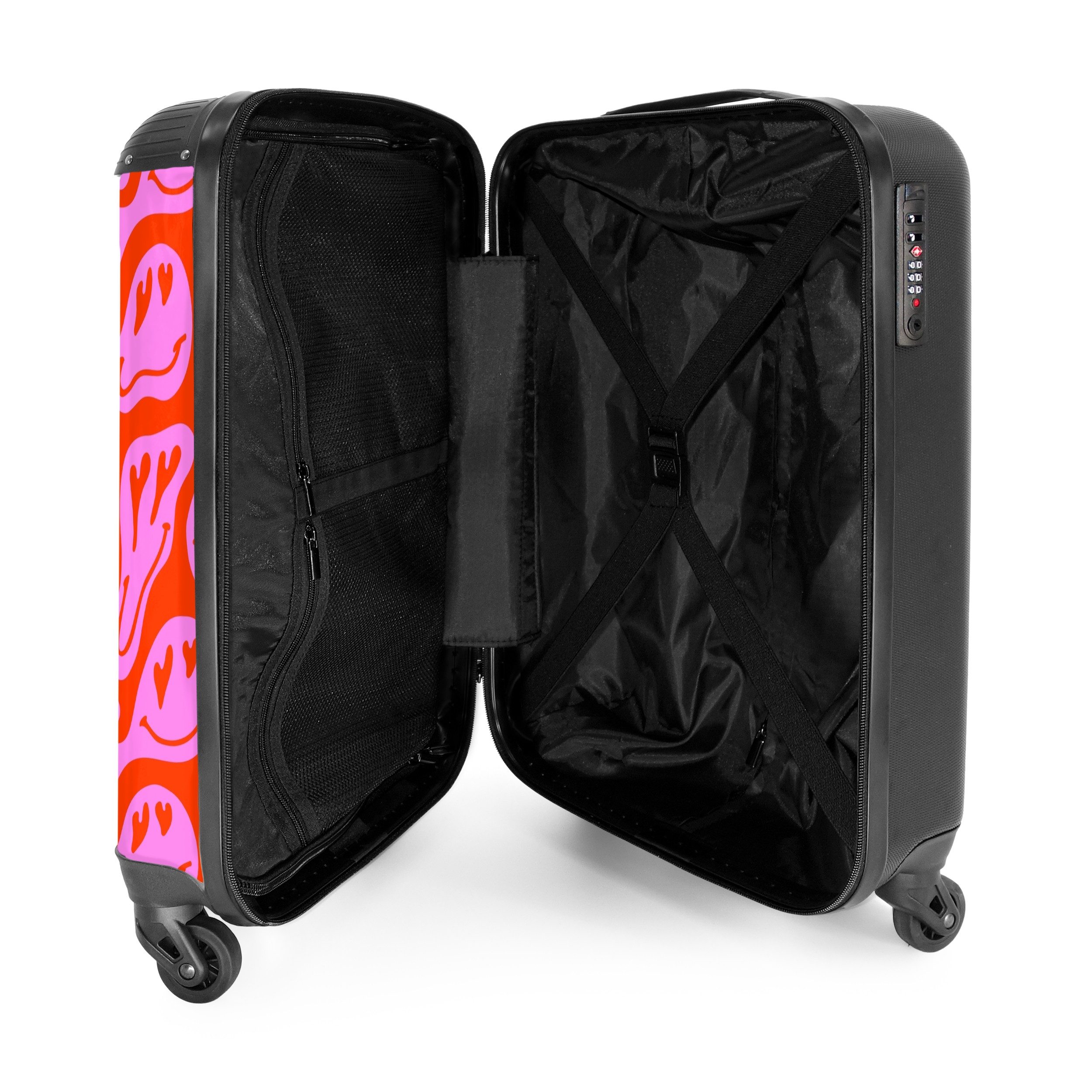 NoBoringSuitcases.com© Hartschalen-Trolley Abstrakte Smiley-Figuren mit Herzaugen auf rot und rosa 55x35x20cm, 4 Rollen, Handgepäck Koffer & Trolleys, Luggage, Reisekoffer Frauen