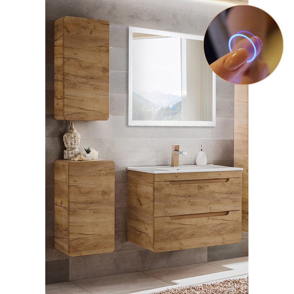 Lomadox Badmöbel-Set LUTON-56-CRAFT, (Spar-Set, 4-St), Badmöbel Set LUTON-56-CFRAFT Wotan Eiche Nb. Nb., B/H/T 130/200/46 cm