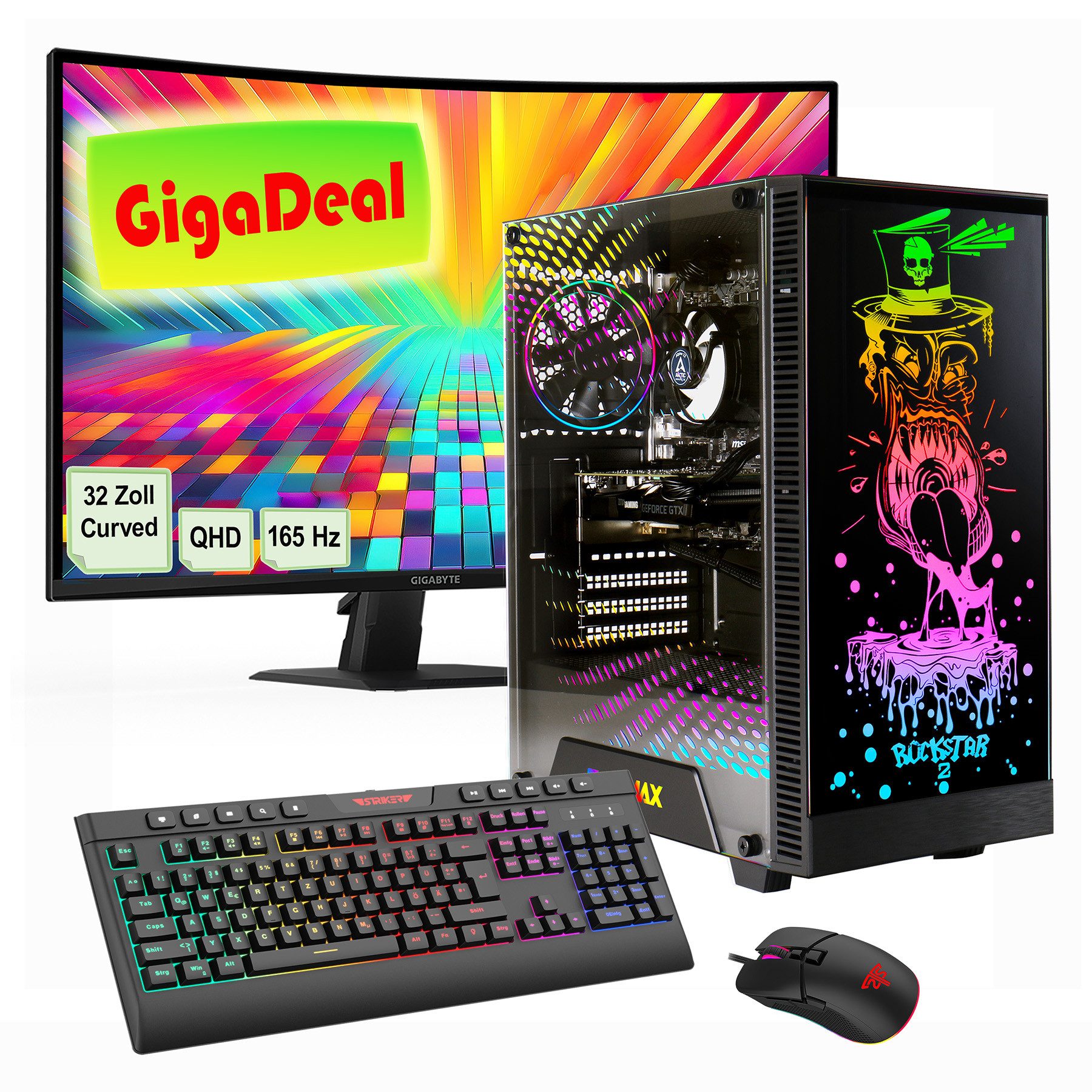 GAMEMAX GigaDeal Rockstar 2561 AMD Ryzen 7 5700X RTX 5060Ti 32GB DDR4 1TB SSD PC-Komplettsystem (32", AMD Ryzen 7 5700X, RTX 5060 Ti, 32 GB RAM, 1000 GB SSD, Windows 11, DDR4 RAM + Gigabyte GS32QC LED-Monitor Curved, 80 cm (32)