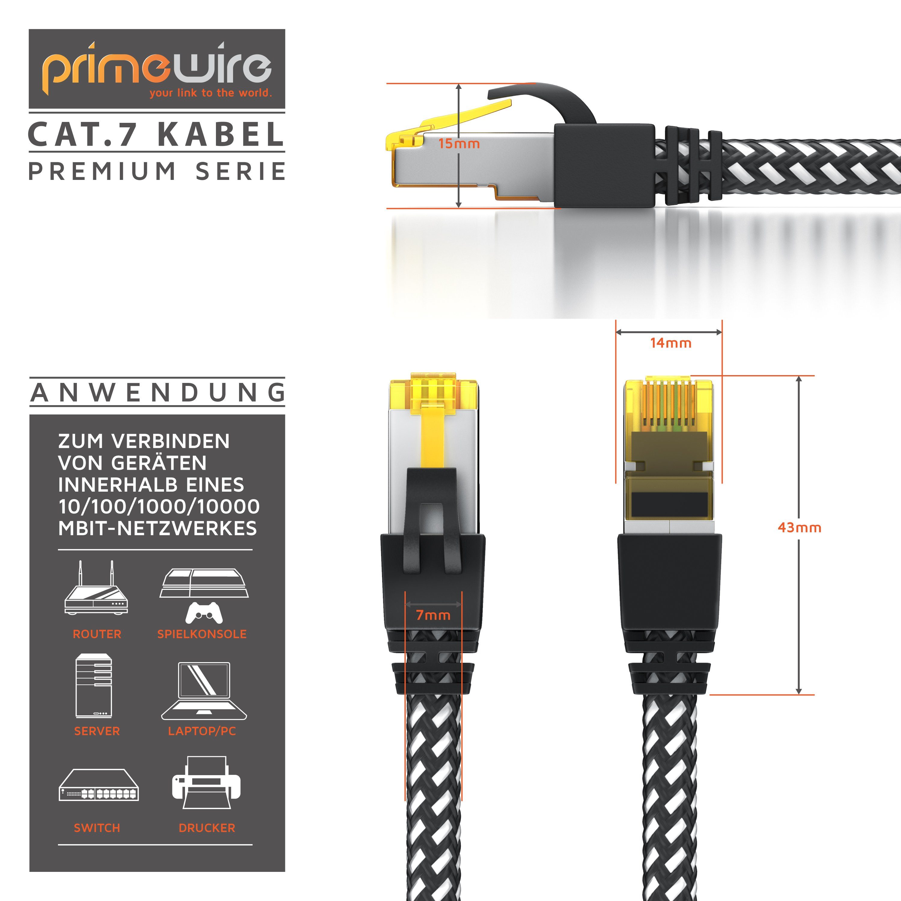 Primewire CAT 7 Gigabit Ethernet Netzwerkkabel, Patchkabel 10 Gbit/s - 0,5m LAN-Kabel, CAT.7, RJ-45 (Ethernet) (50 cm), CAT7 Rohkabel S/FTP Pimf Schirmung, Baumwollmantel, 10000 Mbit/s