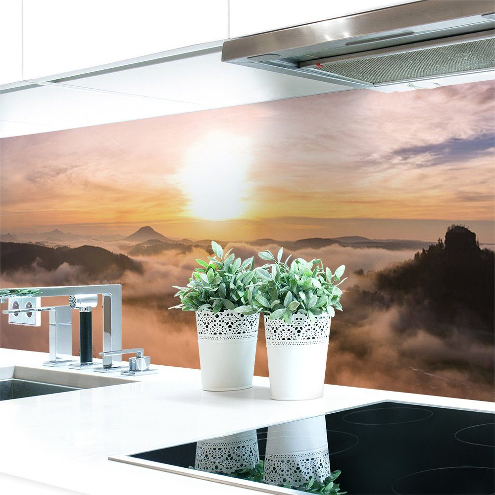 DRUCK-EXPERT Küchenrückwand Küchenrückwand Alpen Sonne Premium mm Hart-PVC 0,4 selbstklebend