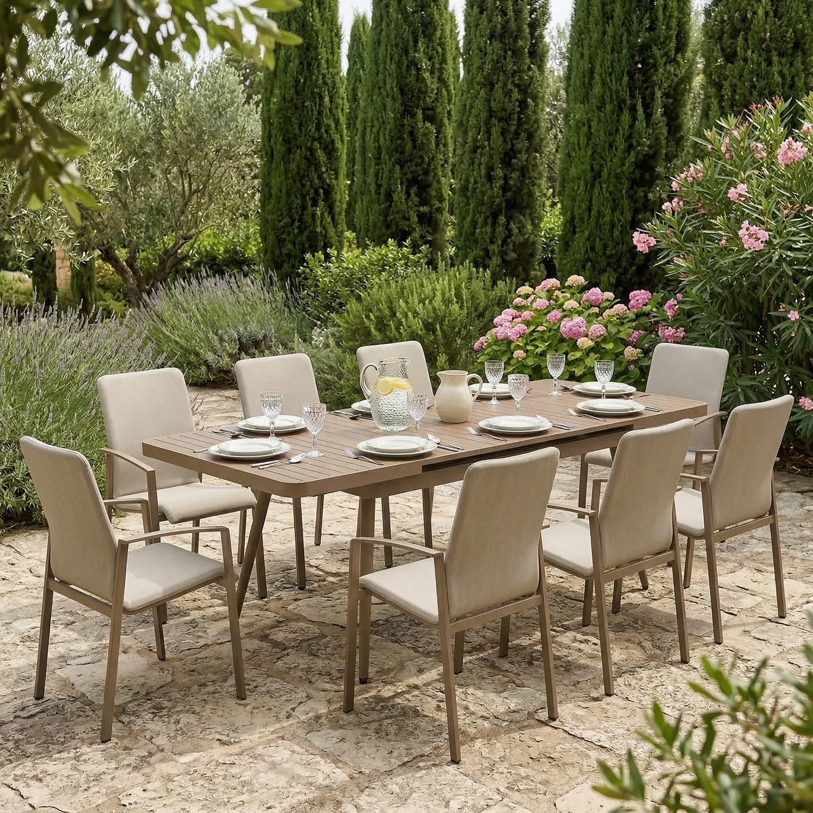 IDIMEX Garten-Essgruppe SUNNY VERANO, (9-tlg), Outdoor Essgruppe mit 8 Stühlen und ausziehbarem Tisch Champagner
