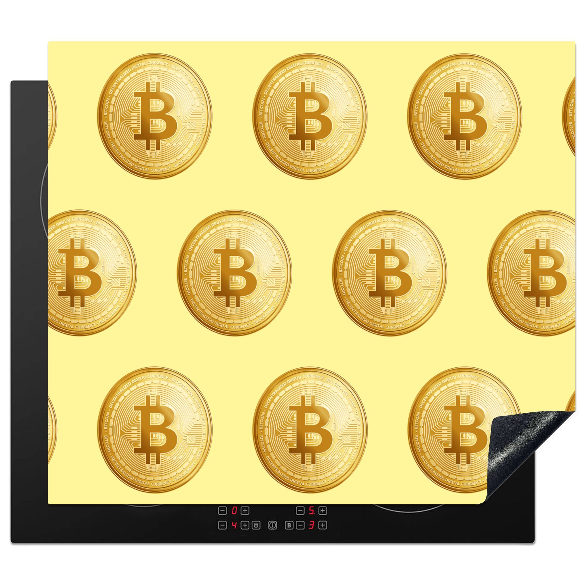 MuchoWow Herdblende-/Abdeckplatte Bitcoin - Gold - Muster - Gelb, Vinyl, (1 tlg), 59x52 cm, Ceranfeldabdeckung für die küche, Induktionsmatte