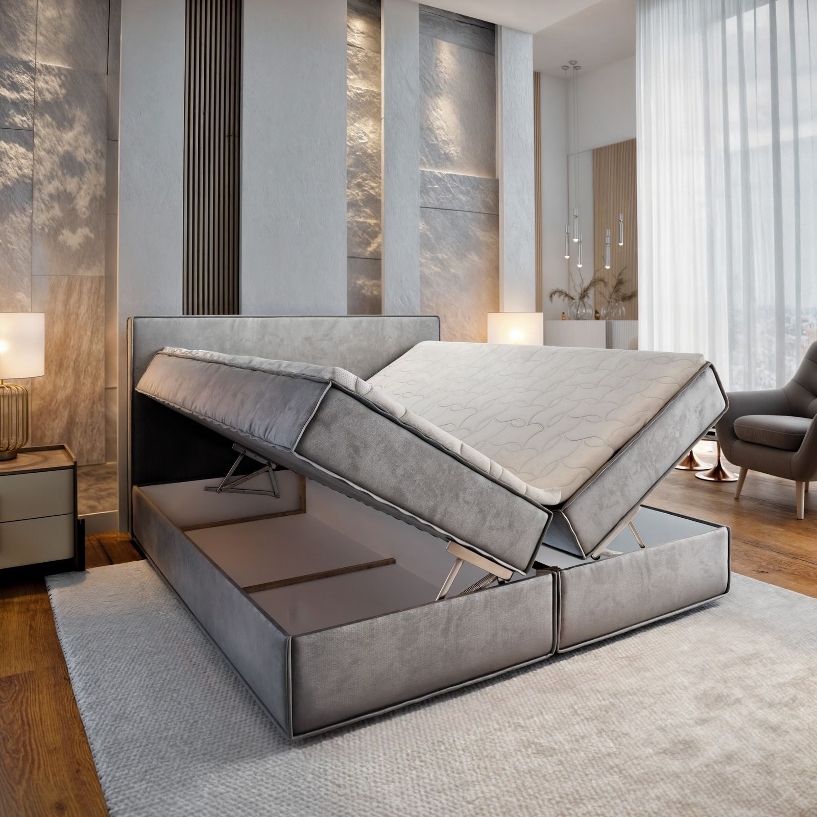 Masseno Boxbett PELLIO 160x200 cm mit Bonell Matratze und Topper, Doppelbett, Polsterbett mit Kopfteil, Boxspringbett