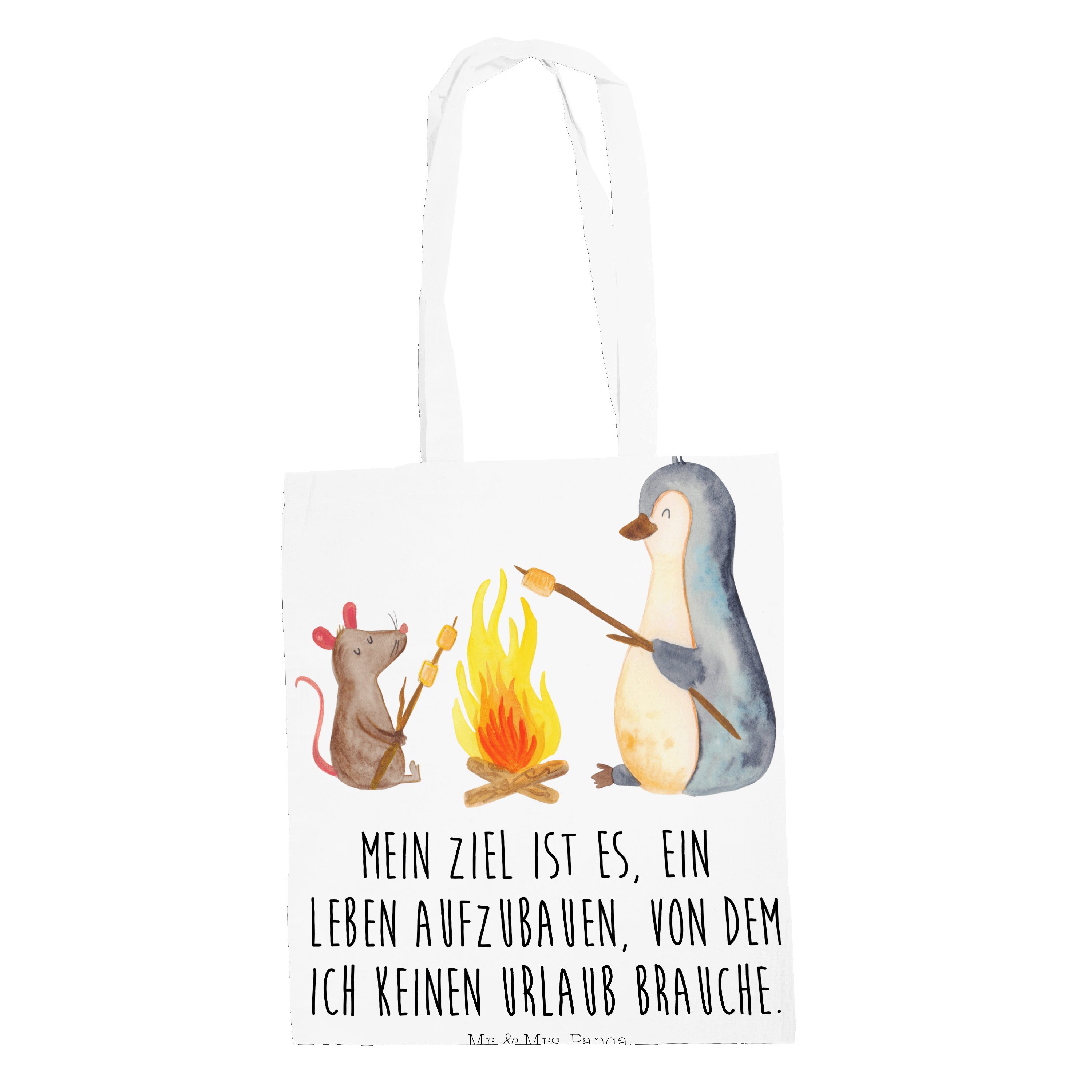 Mr. & Mrs. Panda Tragetasche Pinguin Lagerfeuer - Weiß - Geschenk, Büro, glücklich, Büroalltag, Li (1-tlg)