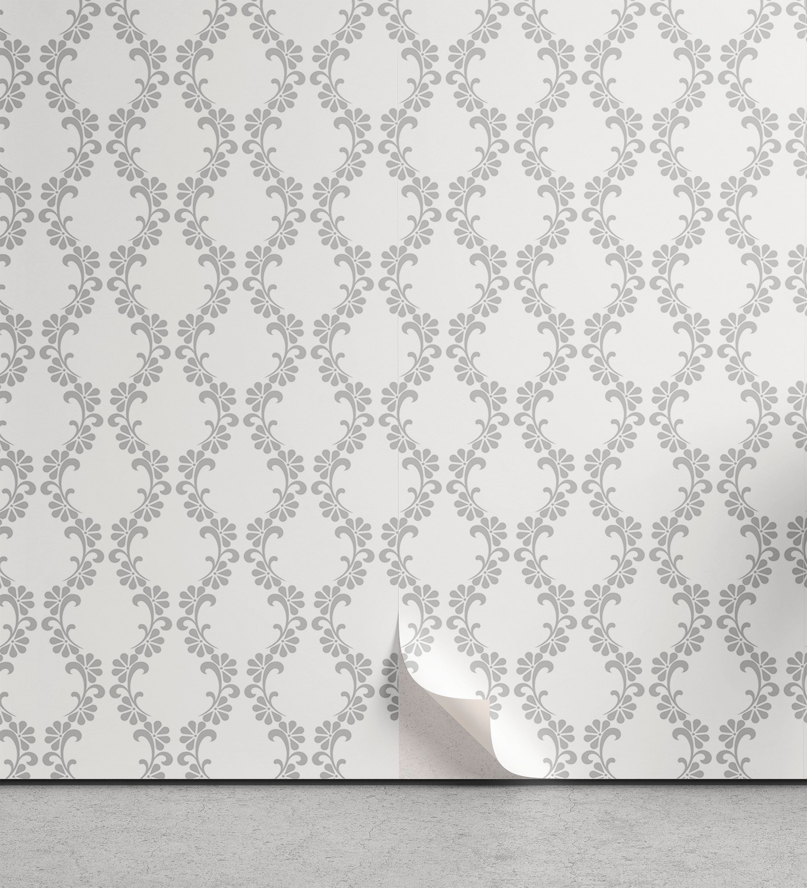 Abakuhaus Vinyltapete selbstklebendes Wohnzimmer Küchenakzent, Damast-Grau Floral Bloom Grid