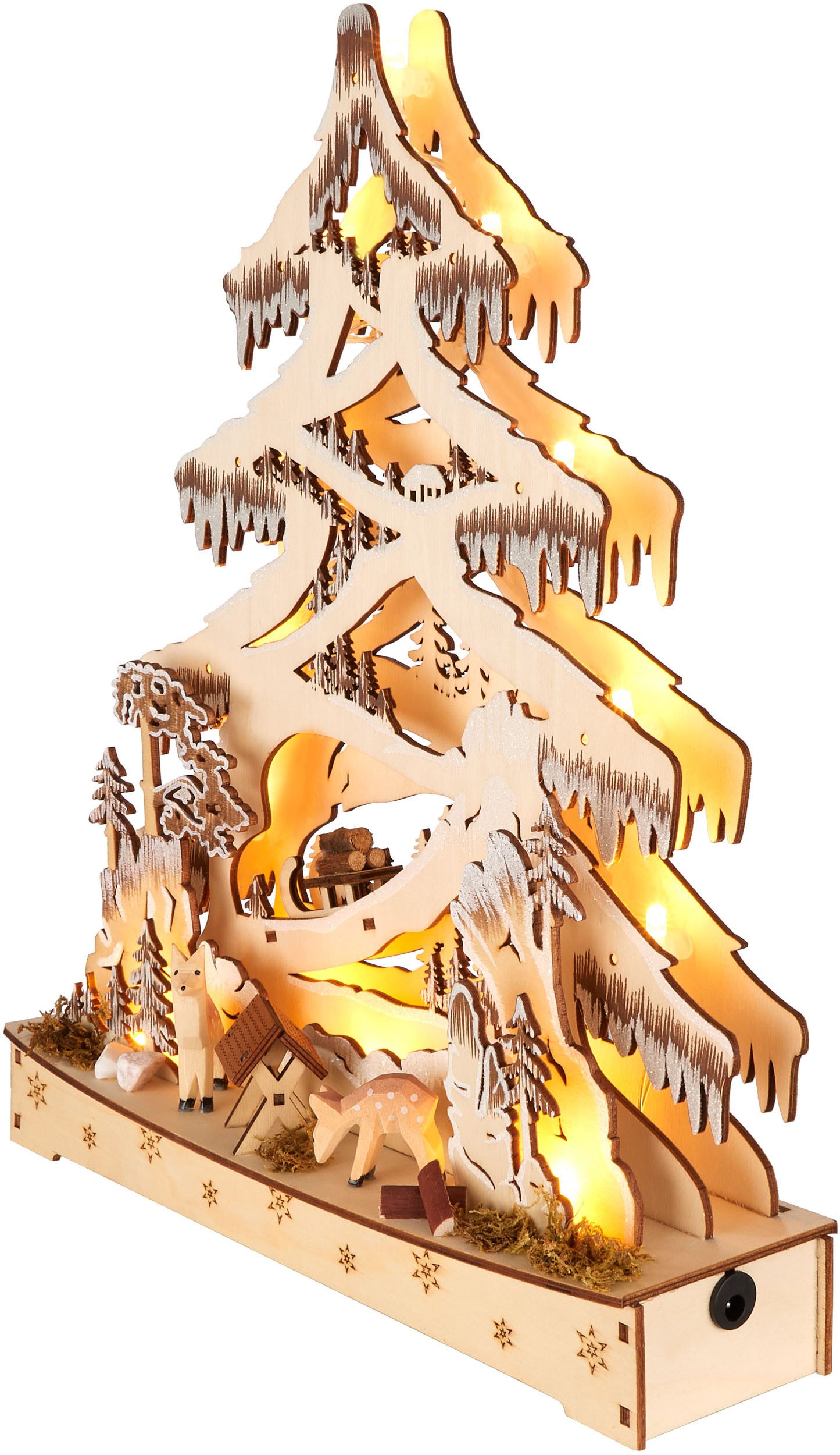 BRUBAKER LED Lichterbogen 3D Schwibbogen - Tannenbaum Wald, Weihnachtsbeleuchtung aus Holz Natur - Handbemalte Figuren