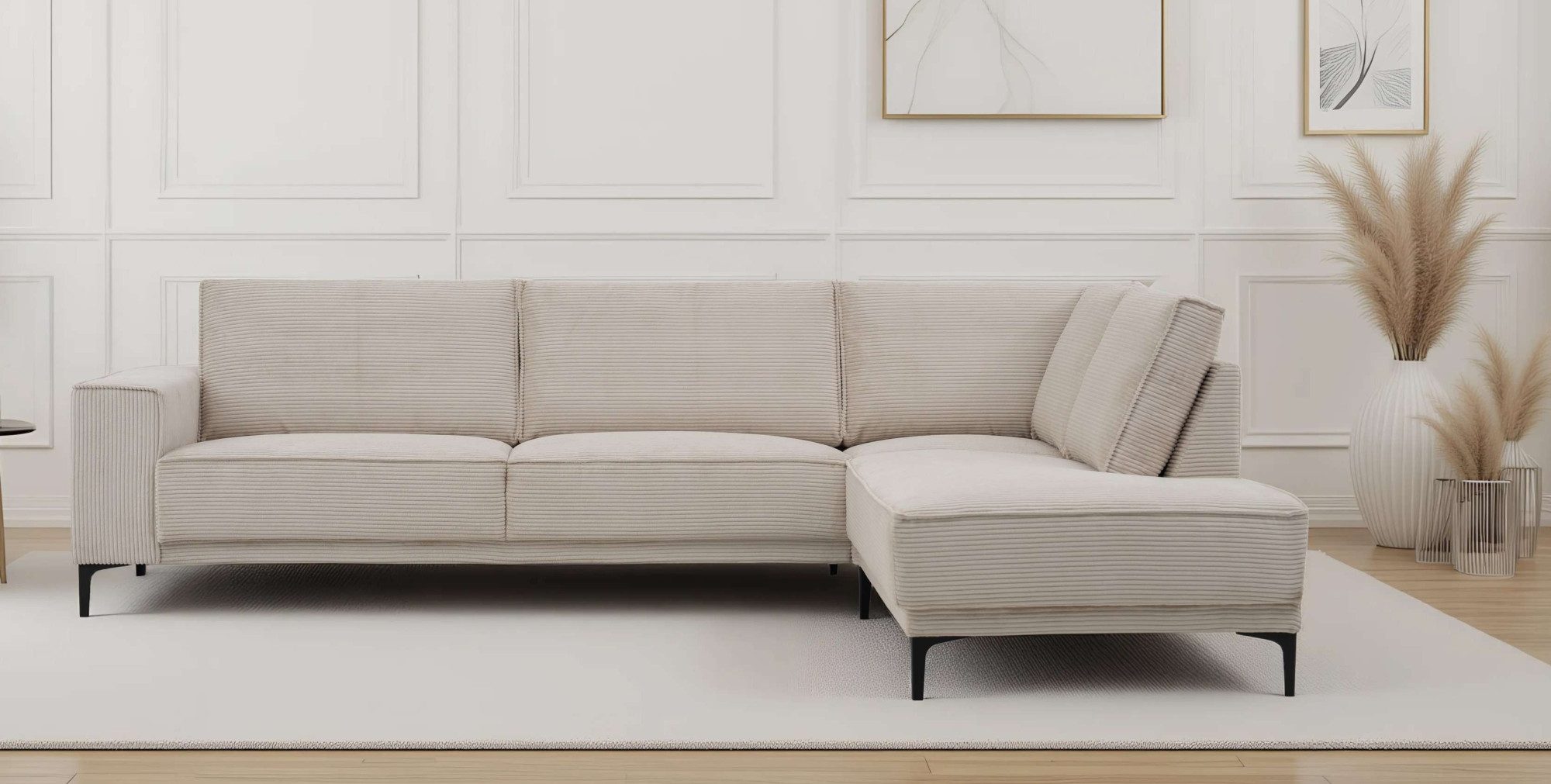 Places of Style Ecksofa Polsterecke Oland, Struktur, Flachgewebe, Luxus-Microfaser, Boucle, L-Form, 289 cm, Wellenunterfederung, Skandi-Design, Metallfüße