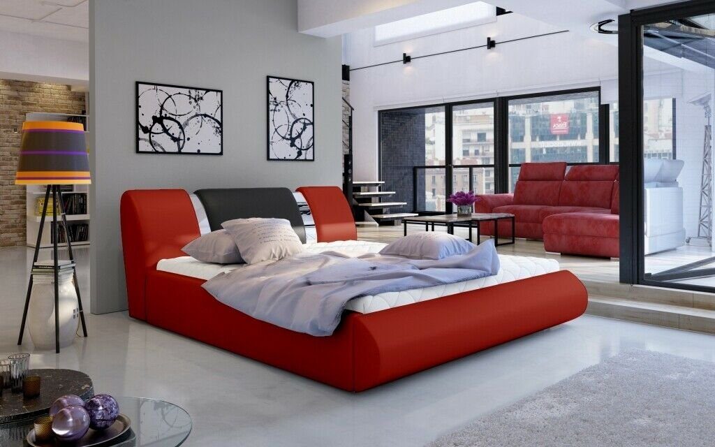 JVmoebel Bett, Luxus Schlafzimmer Bett Polster Design 180x200cm Rot/Schwarz | Bettgestelle