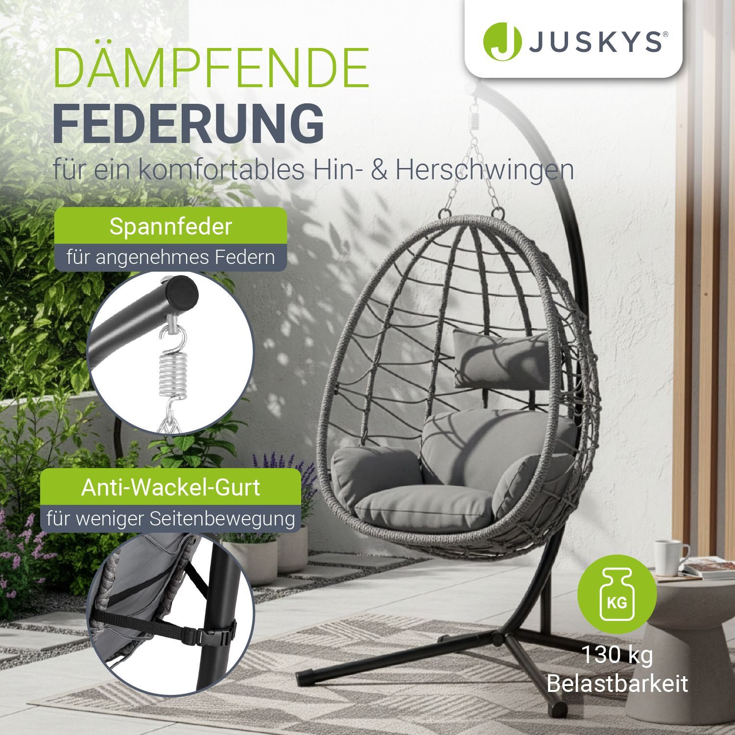 Juskys Hängesessel Aria, im Boho Stil, große Sitzfläche, mit Gestell, höhenverstellbar