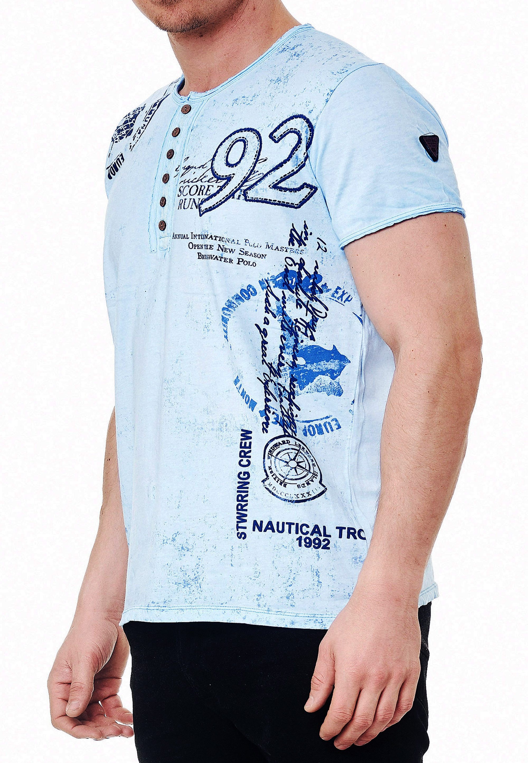 T-Shirt Verwaschenes Herren T-Shirt Rundhals Knopfleiste Tee Shirt Kurzarm