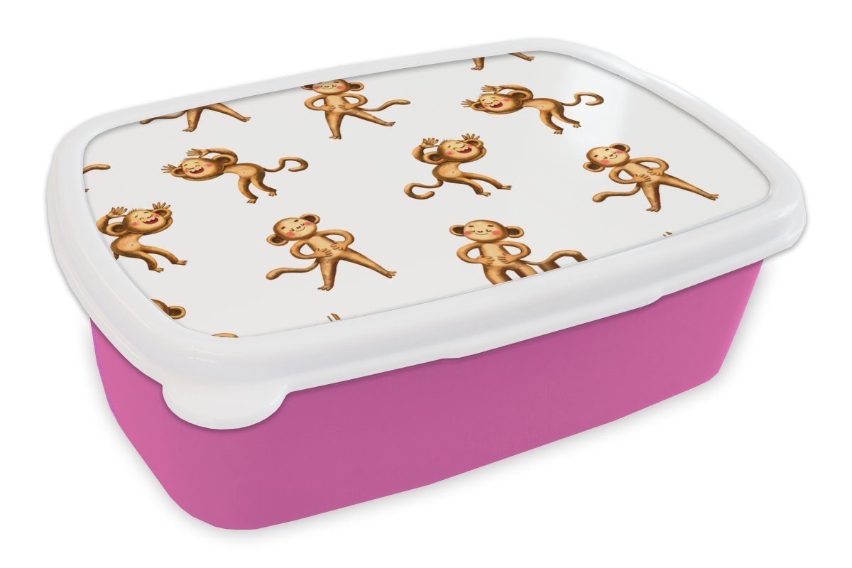 MuchoWow Lunchbox Dschungel - Design - Affe - Weiß, Kunststoff, (2-tlg), Brotbox für Erwachsene, Brotdose Kinder, Snackbox, Mädchen, Kunststoff rosa