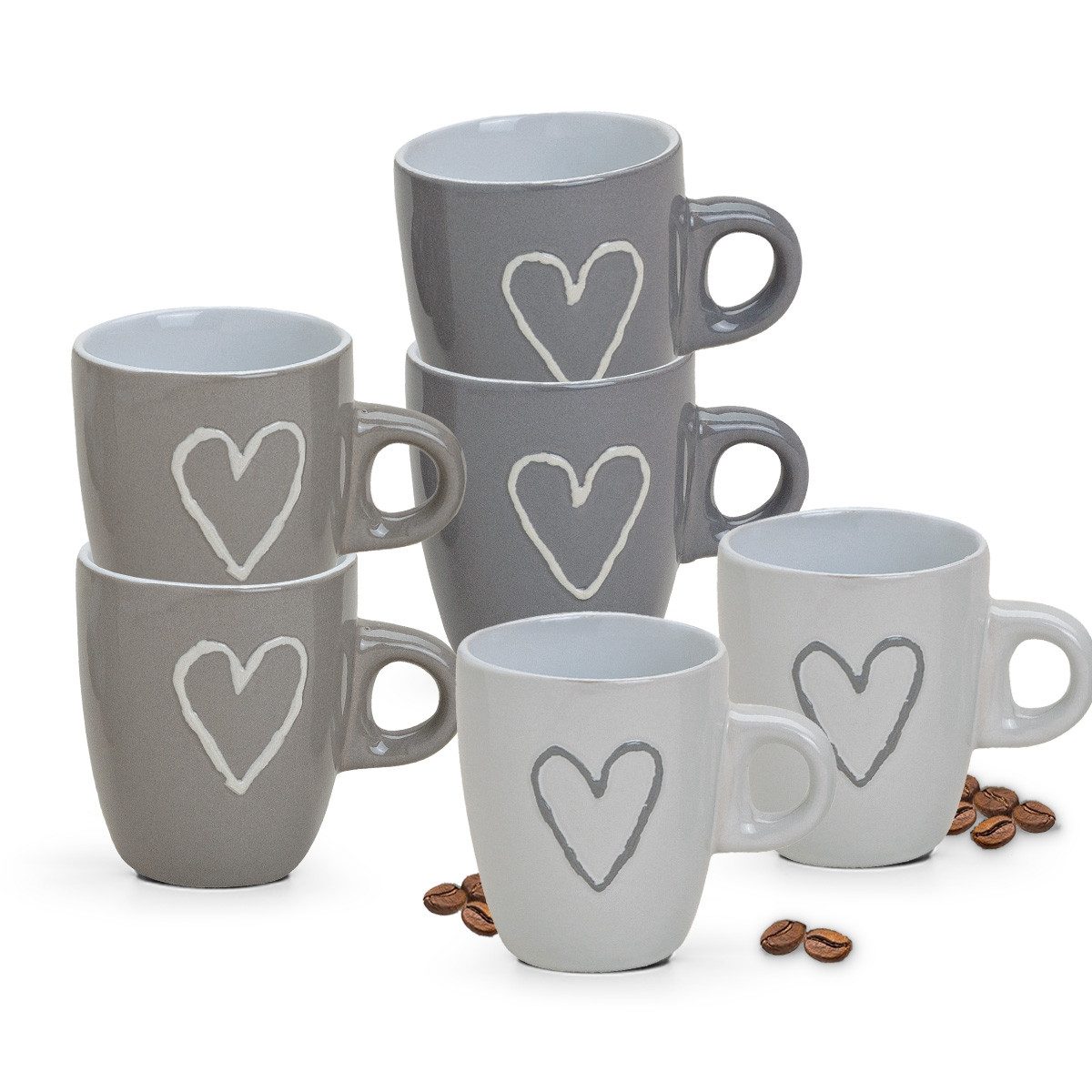 matches21 HOME & HOBBY Tasse Moderne Keramik Espresso-Tassen 6er Set beige weiß grau 50 ml, Keramik, Kleine Landhaus-Stil Vintage Henkel Herz Kaffee-Tassen