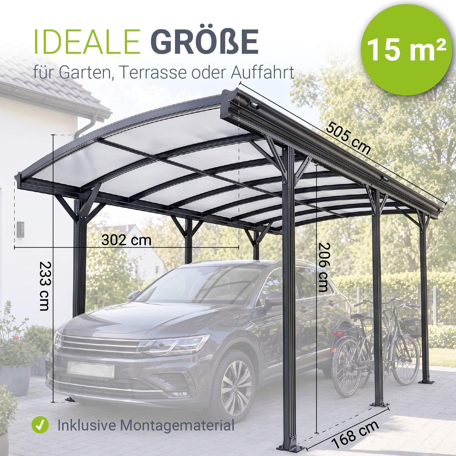 Juskys Einzelcarport Unterstand mit gebogenem Dach 5 x 3 m, BxT: 302x505 cm, 226 cm Einfahrtshöhe, Bogendach mit UV Schutz, hohe Wind und Schneelast – Bild 5 von 5