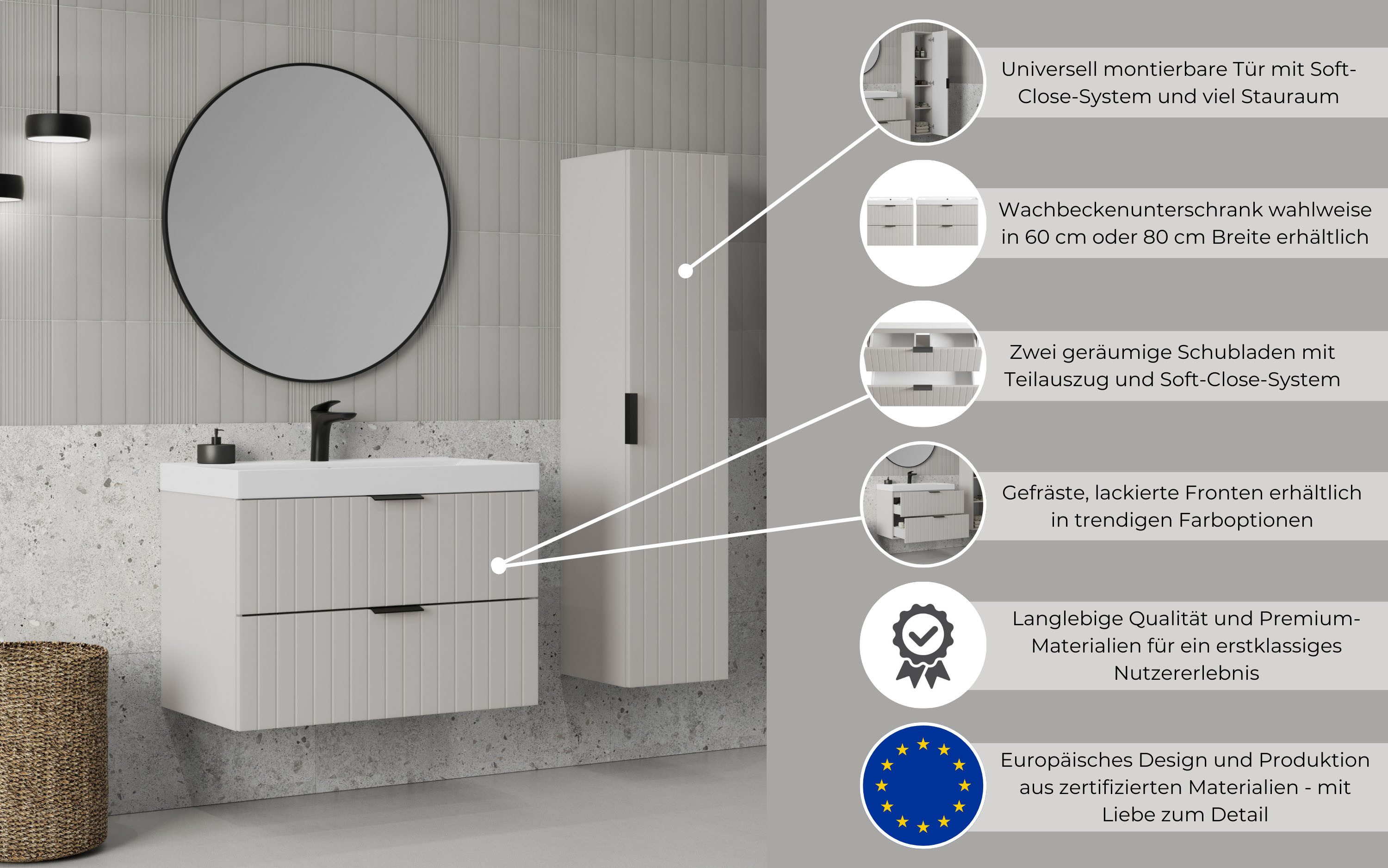 welltime Waschtisch HARMONY mit Waschbecken, Breite 60 oder 80cm, modernes Design, Schrank mit 2 Schubladen, Soft-Close-Function, Paneeloptik