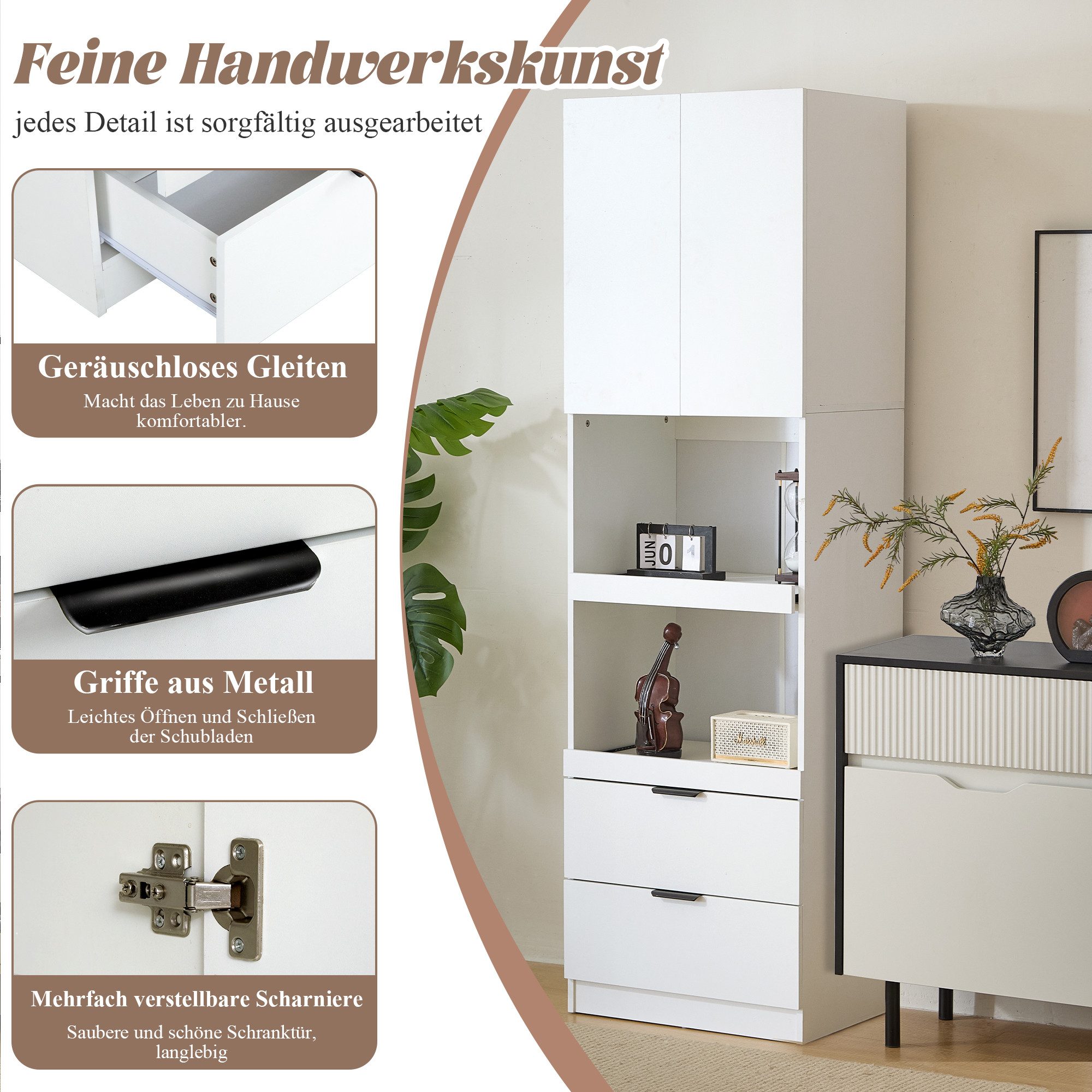 BlingBin Hochschrank Hohe Küchenschränke,Lagerschränke,Multifunktionsschränke 60x45x200cm (1er Set, 1-St., 2 Türen, 2 Schubladen, Ausziehbare Mikrowellenregale, – Bild 5 von 5