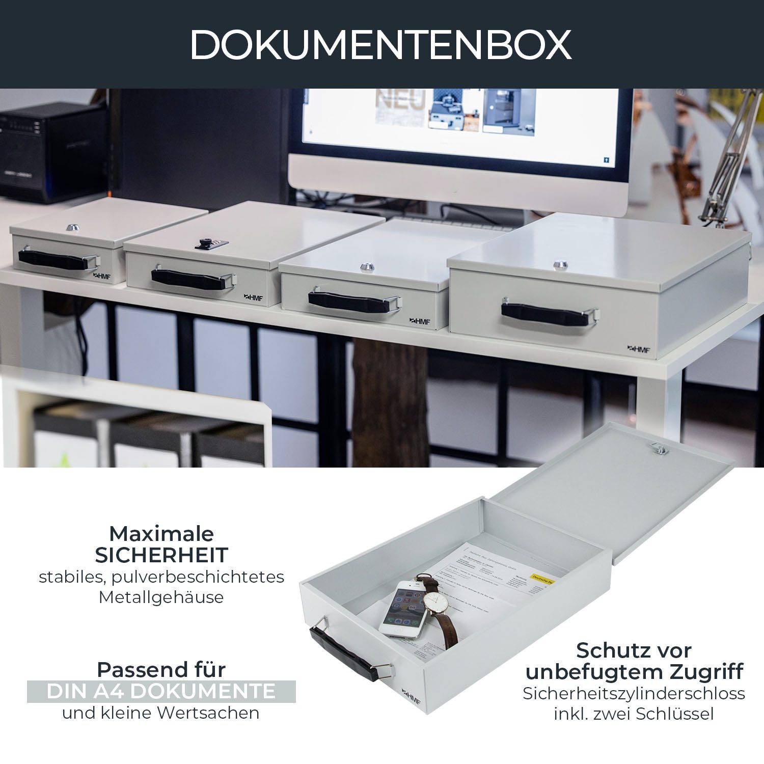 HMF Geldkassette Abschließbare Dokumentenkassette DIN A4, Dokumentenbox, 37,5 x 26,5 x 8 cm, Lichtgrau