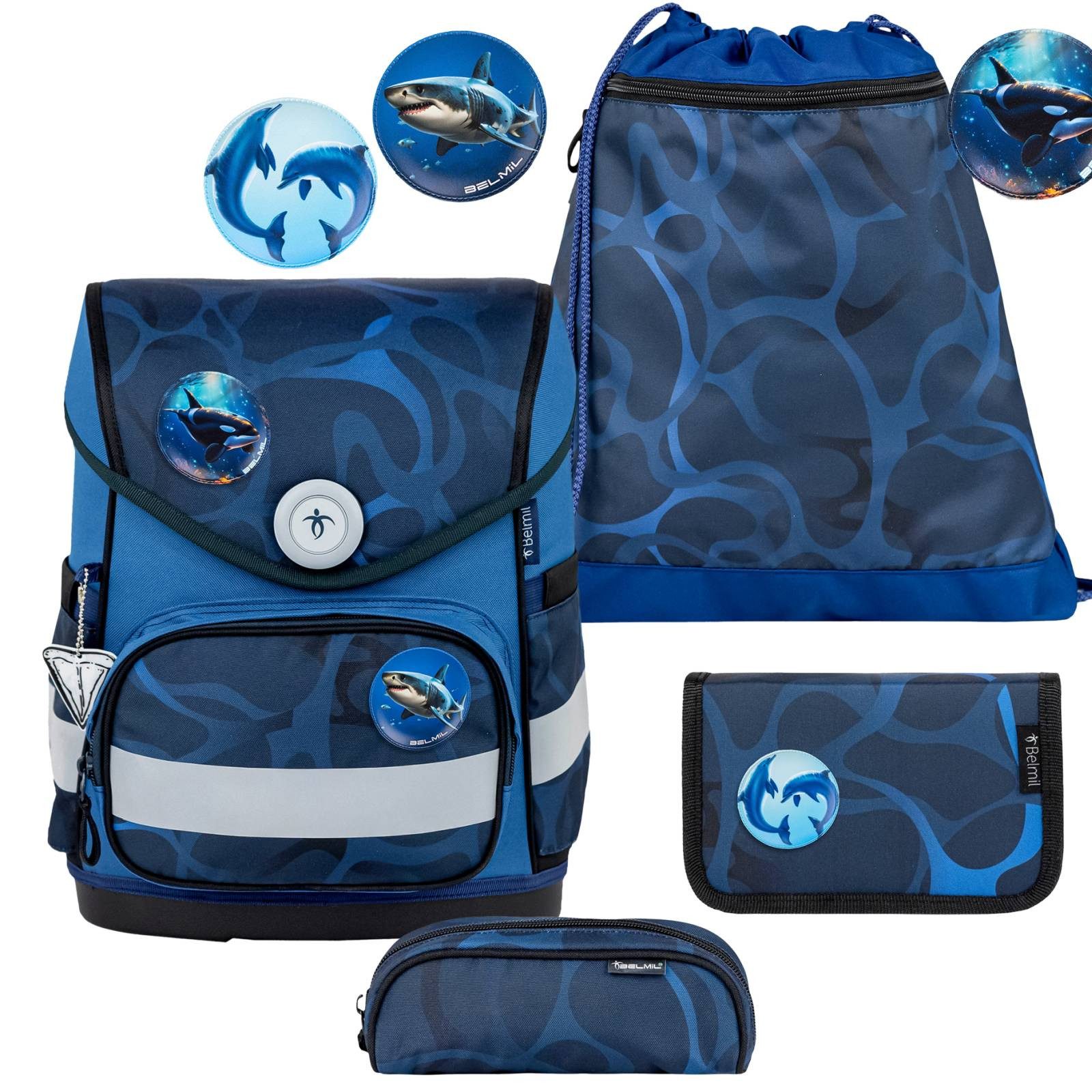 Belmil Schulranzen "Compact mit Patch" 2026 mit Magnetschloss 1. Klasse neue Designs (4-tlg), 19 Liter Volumen, Einschulung, Grundschule, Wassertiere, für Jungen