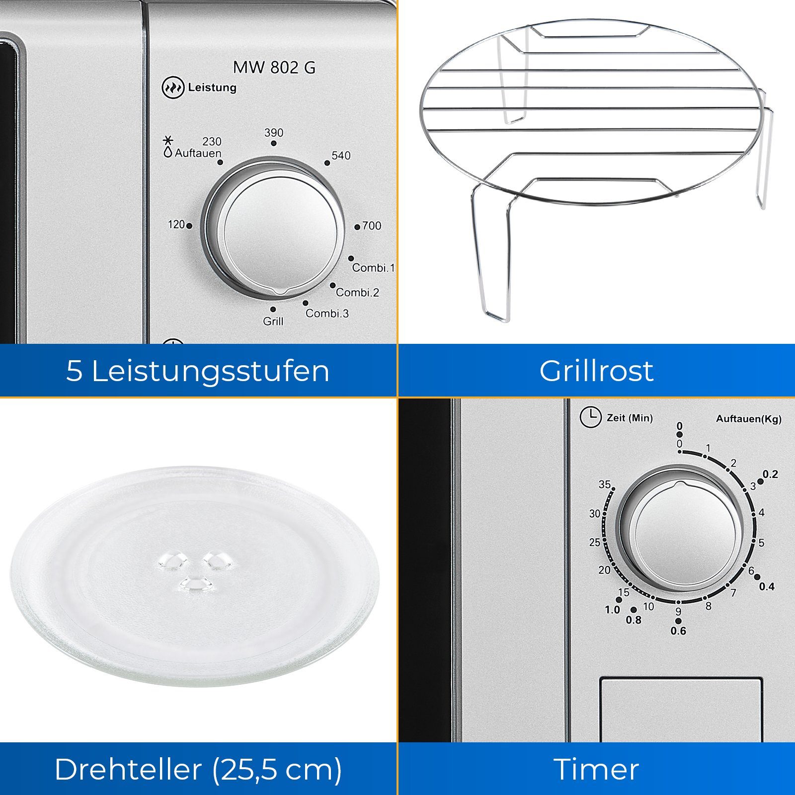 Grillfunktion, Grill, Silber Mikrowelle mit inkl. 20,00 Timer platzsparend, G, exquisit kompakte l, Mikrowelle 802 MW