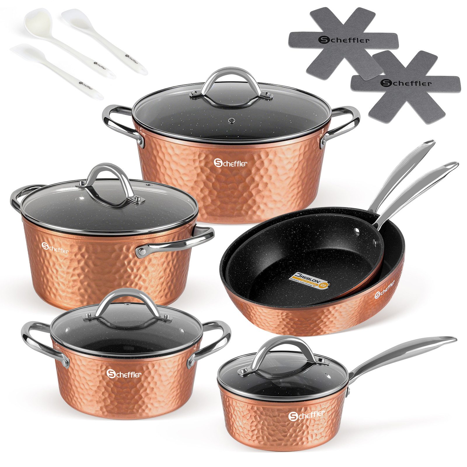 Scheffler Topf-Set 15 tlg Topfset Induktion, Antihaftbeschichtung Töpfe mit Glasdeckel, Aluminium (Set, 24/28 cm Pfannen + 20/24/28 cm Kochtöpfe + 16cm Kasserolle), Induktion