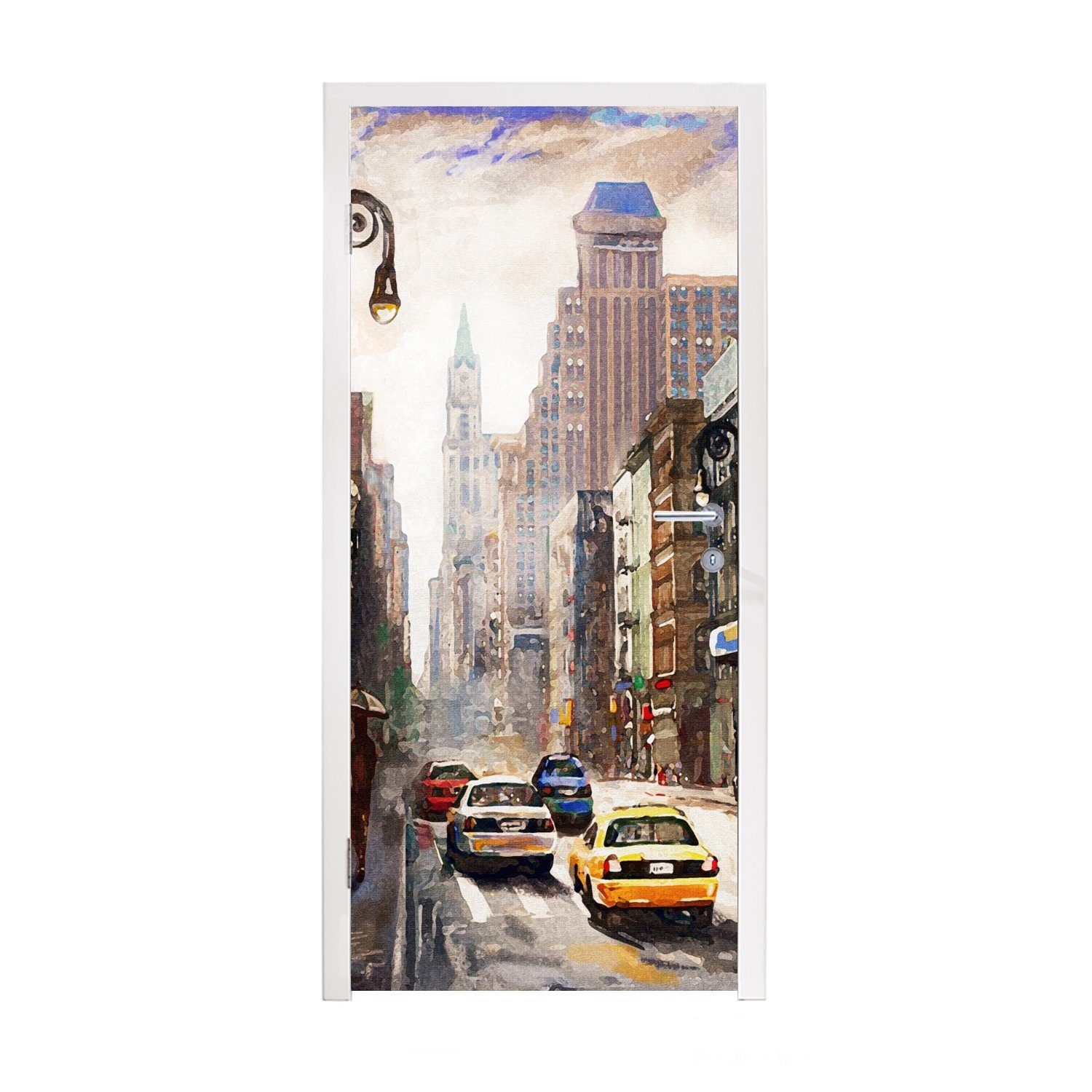 MuchoWow Türtapete Gemälde - Stadt - Auto - Öl, Matt, bedruckt, (1 St), Fototapete für Tür, Türaufkleber, 75x205 cm