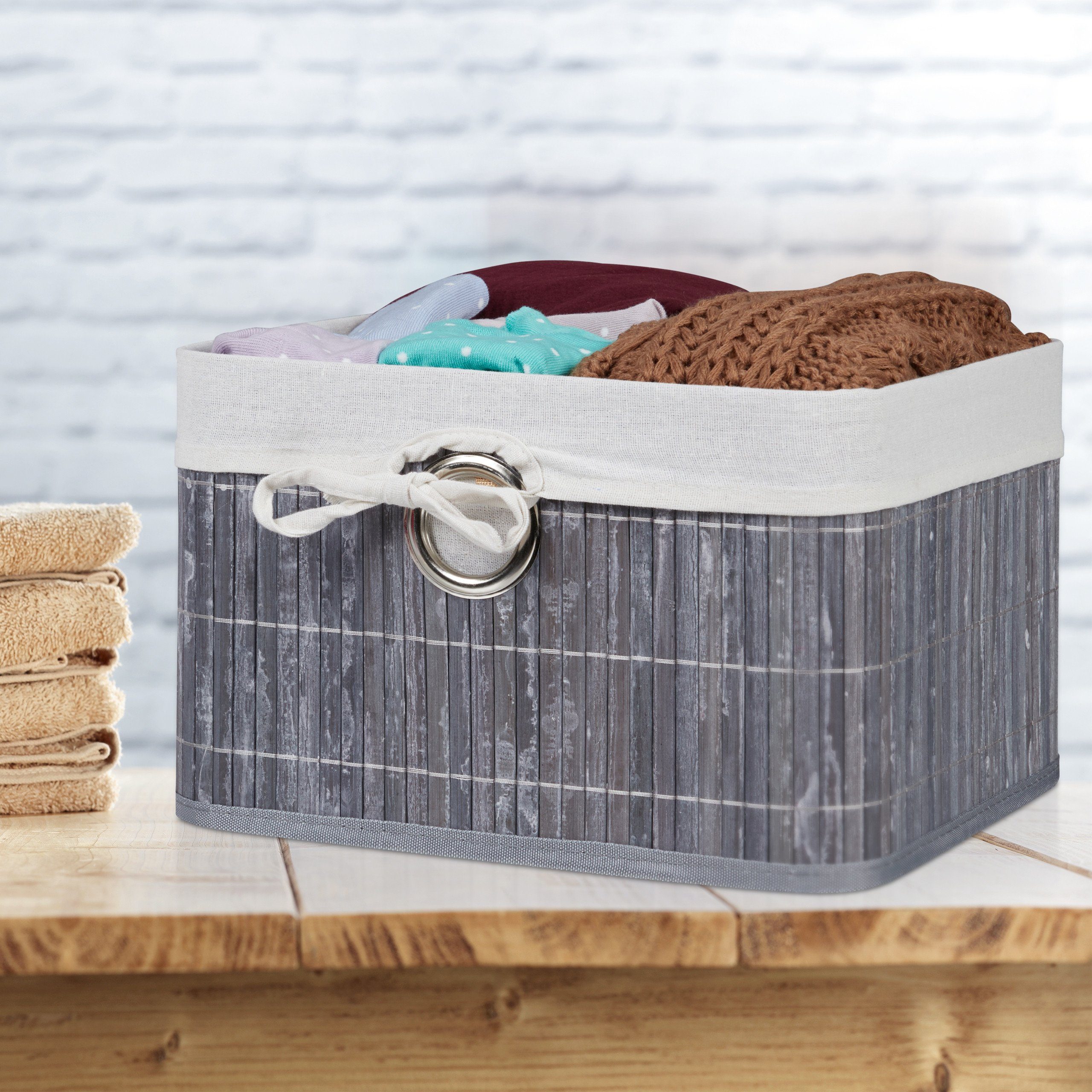 relaxdays Aufbewahrungskorb Bambus, Grau günstig online kaufen