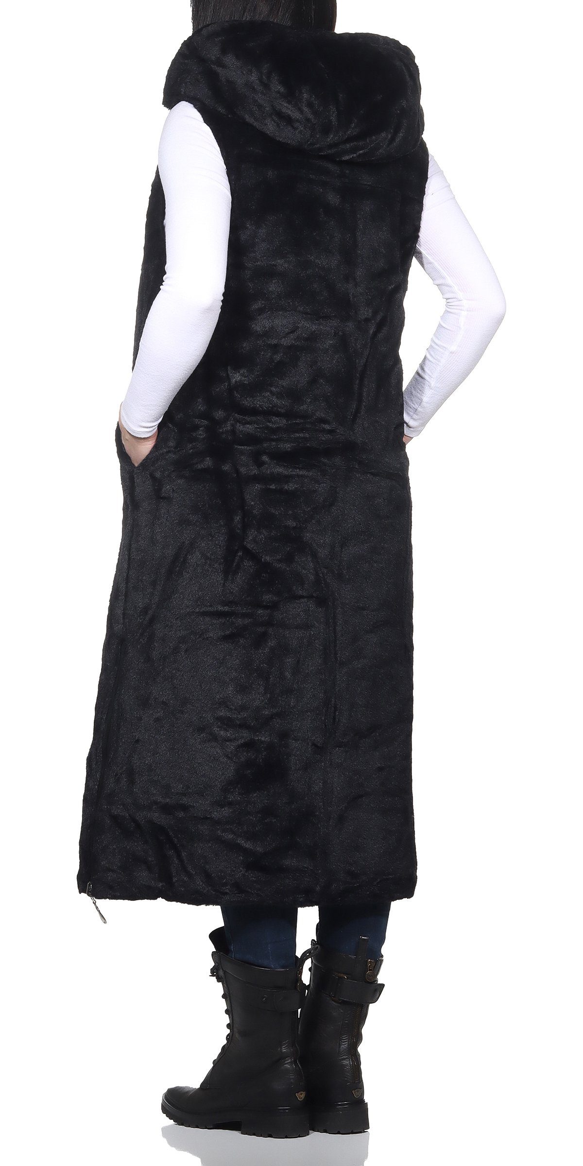 Aurela Damenmode Longweste (1-tlg) Steppweste ausgestattet mit großen Größen Damen Kapuze, auch mit Teddyfell Longweste vollständig abnehmbarer in gefütterte Warme erhältlich