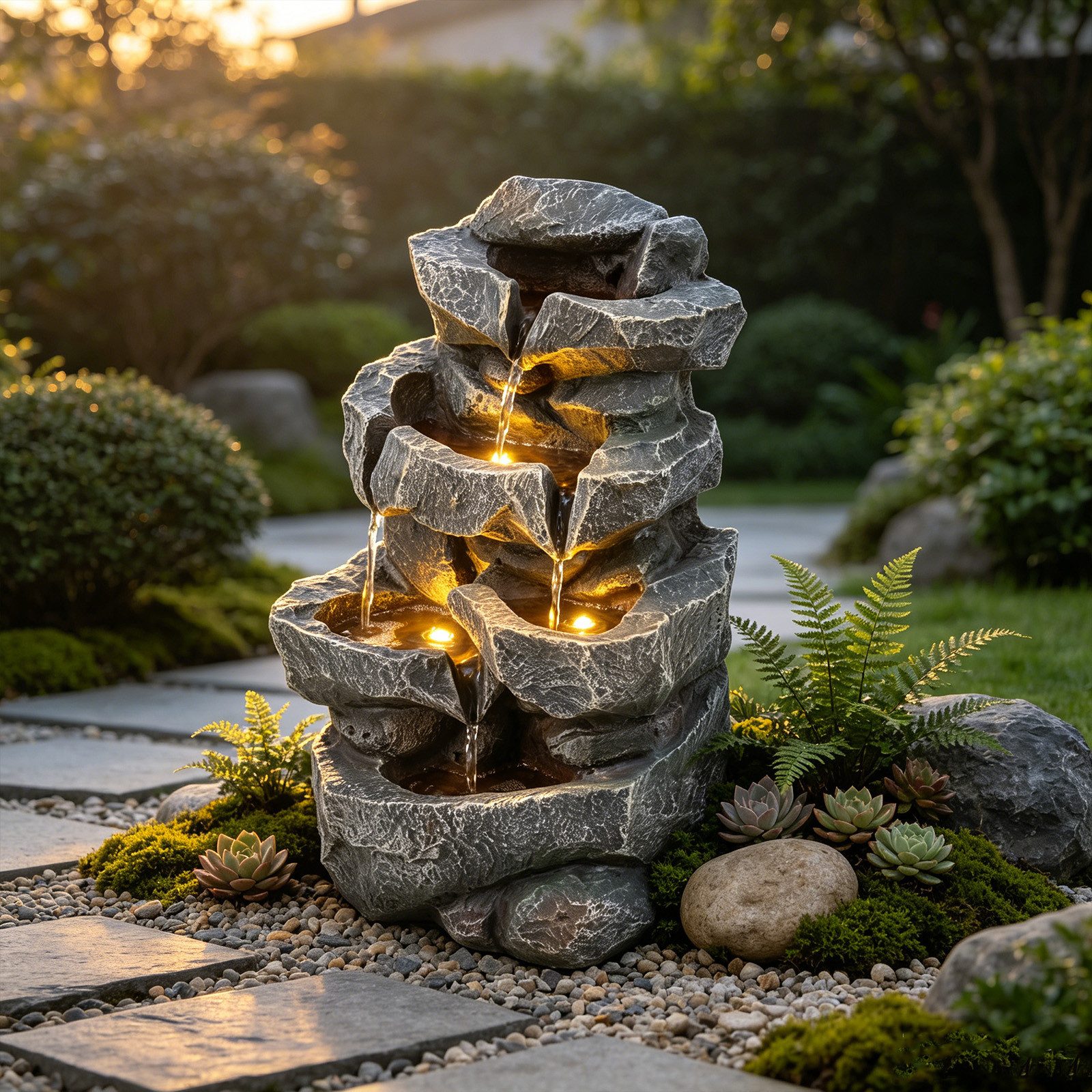KOMFOTTEU Gartenbrunnen, dekorativer Wasserbrunnen mit LED Beleuchtung & Pumpe