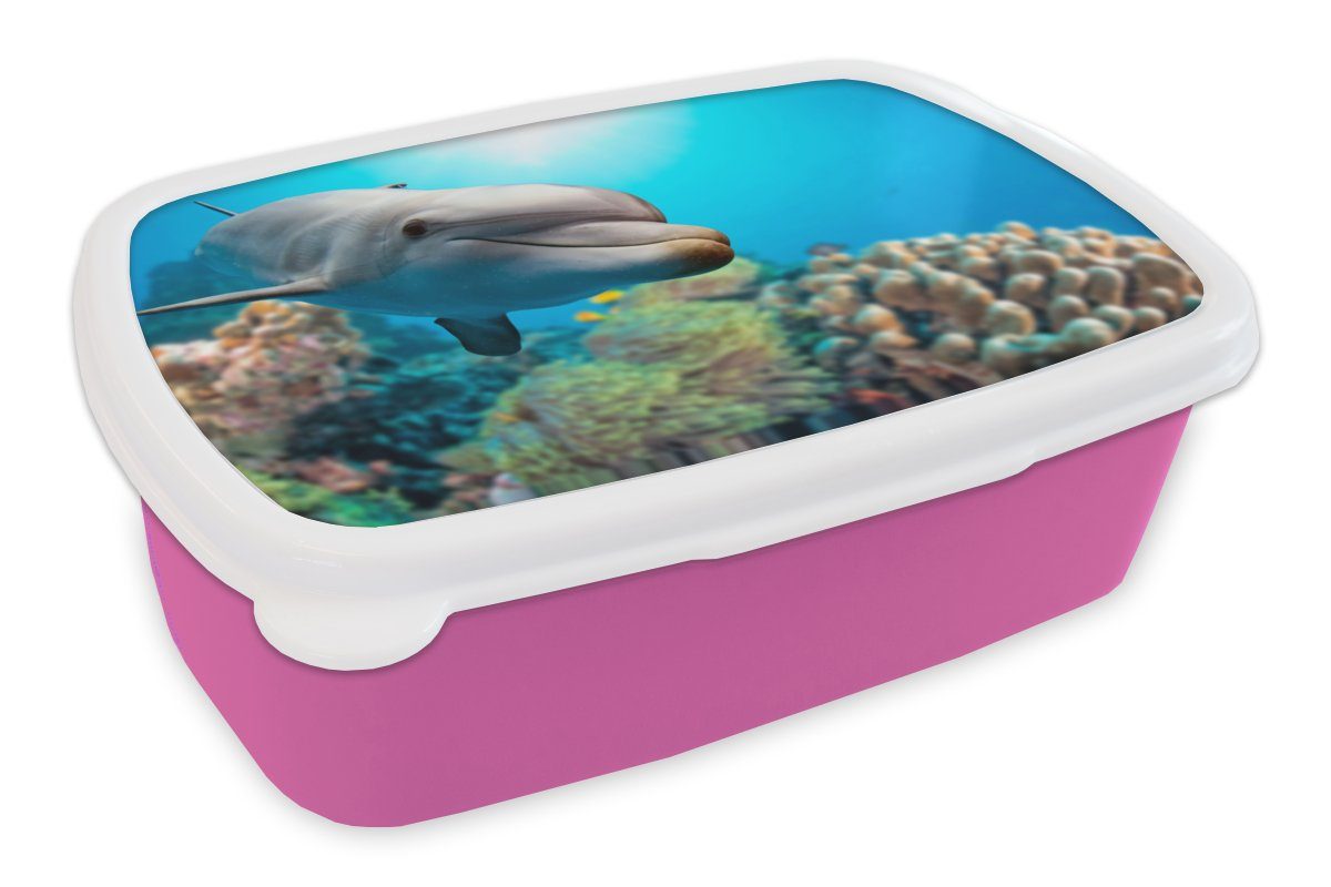 MuchoWow Lunchbox Delfin - Meer - Koralle, Kunststoff, (2-tlg), Brotbox für Erwachsene, Brotdose Kinder, Snackbox, Mädchen, Kunststoff rosa