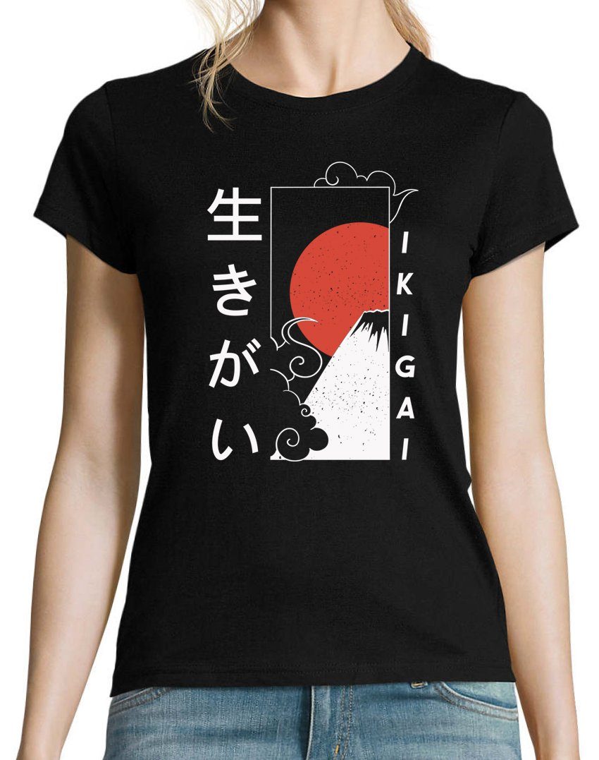 mit Youth Ikigai Designz Damen T-Shirt trendigem Shirt Frontprint Schwarz Japan