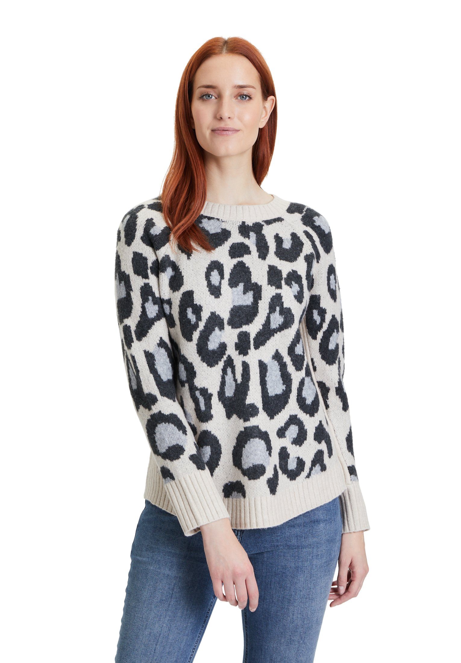 Betty Strickpullover Barclay Muster Beige/Grey mit Patch (1-tlg) Leoprint