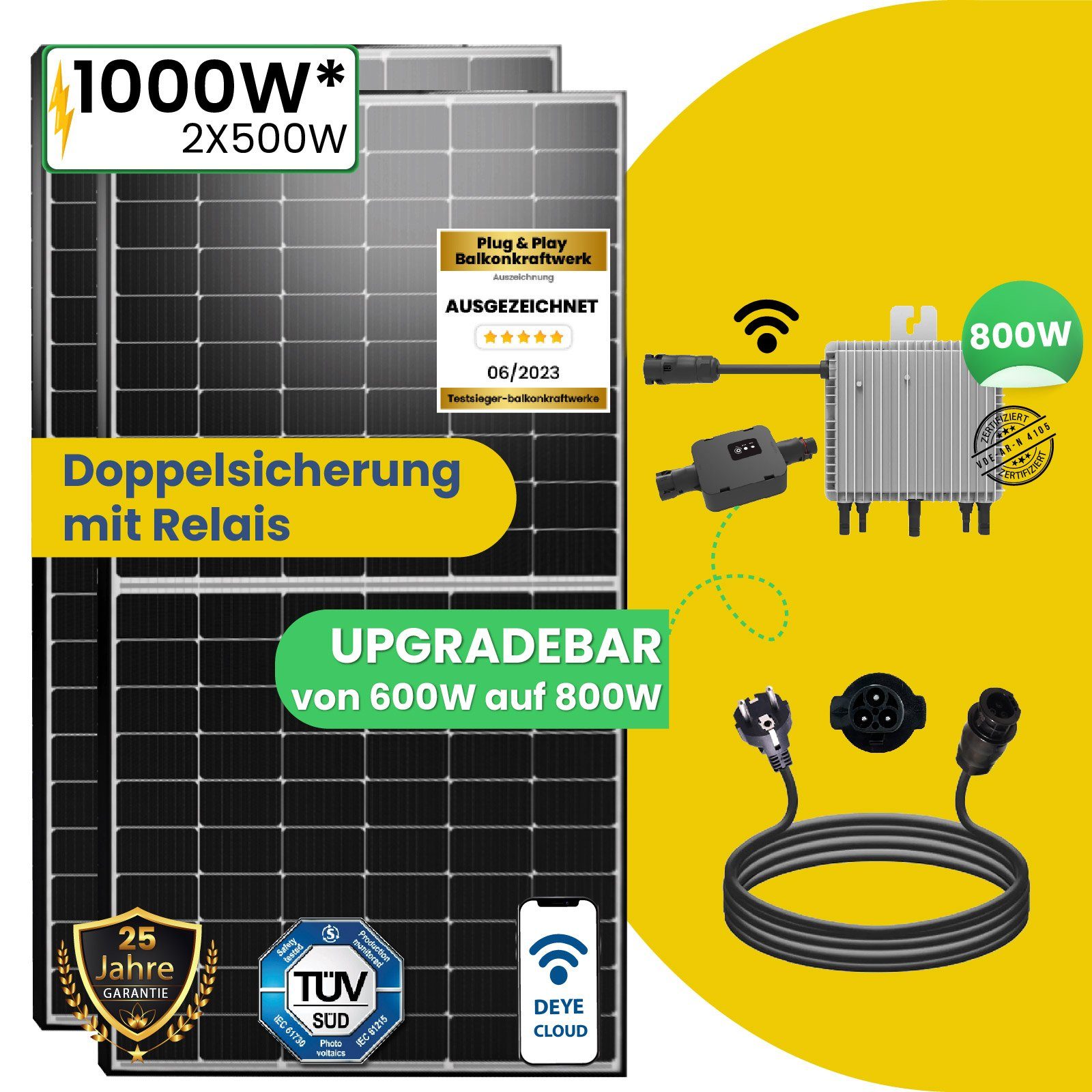 Stegpearl (2x500W) steckerfertig Balkonkraftwerk Play mit Anlage, & upgradefähiger Mini-PV Solaranlage 1000W Wechselrichter Antireflexbeschichtung, Relais, Photovoltaik Monokristallin, 800W für Ihr Plug WLAN Balkon-Solaranlage DEYE Haus, Wasserdichtigkeitsklasse,