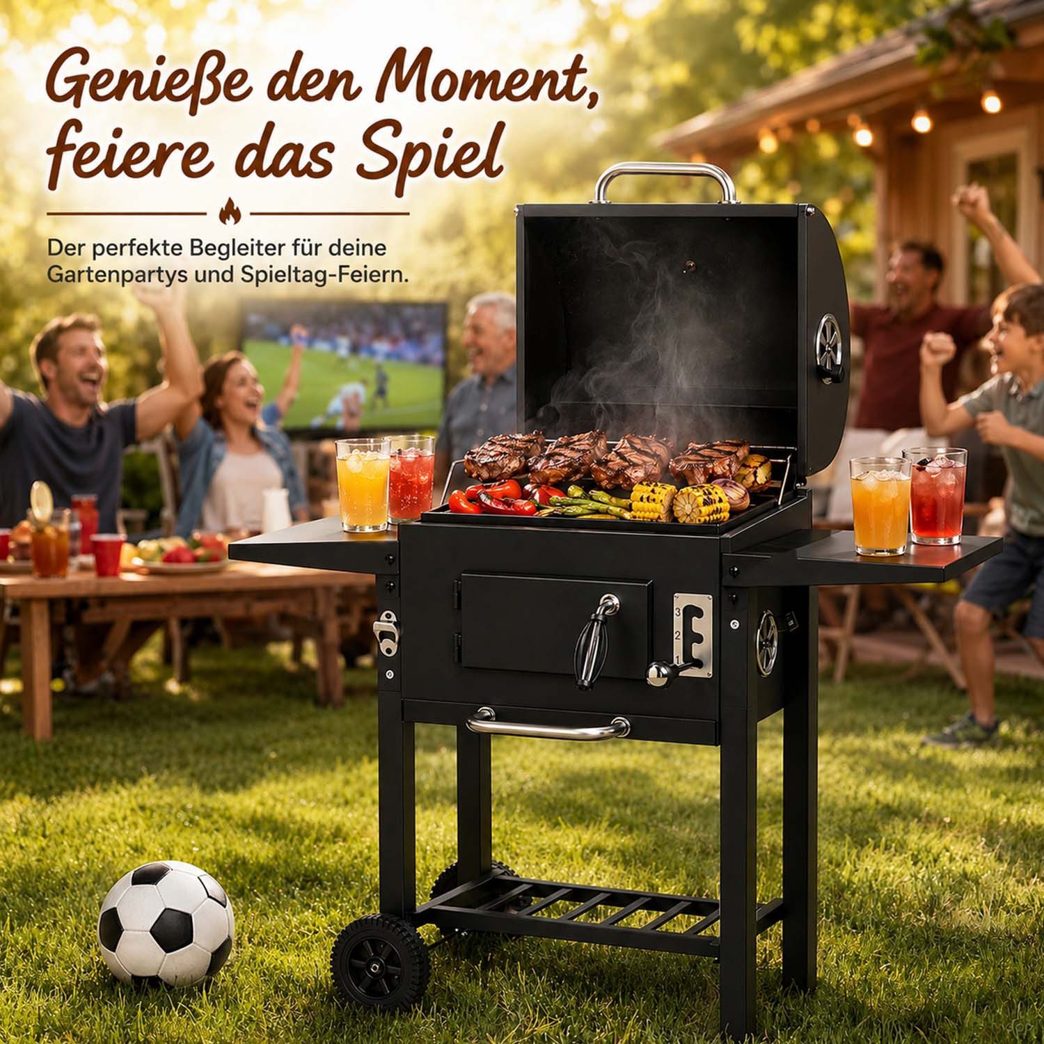 kehot Holzkohlegrill Holzkohlegrill Grillwagen mit Deckel und Grillfläche 45,5x30 cm, BBQ Grillwagen mit 2 Seitenablagen und Ablagegitter unten, Mobiler Holzkohlegrill auf Rollen für Garten Balkon und Camping, Stabiler Outdoor Grill aus lackiertem Stahl mit verchromtem Grillrost