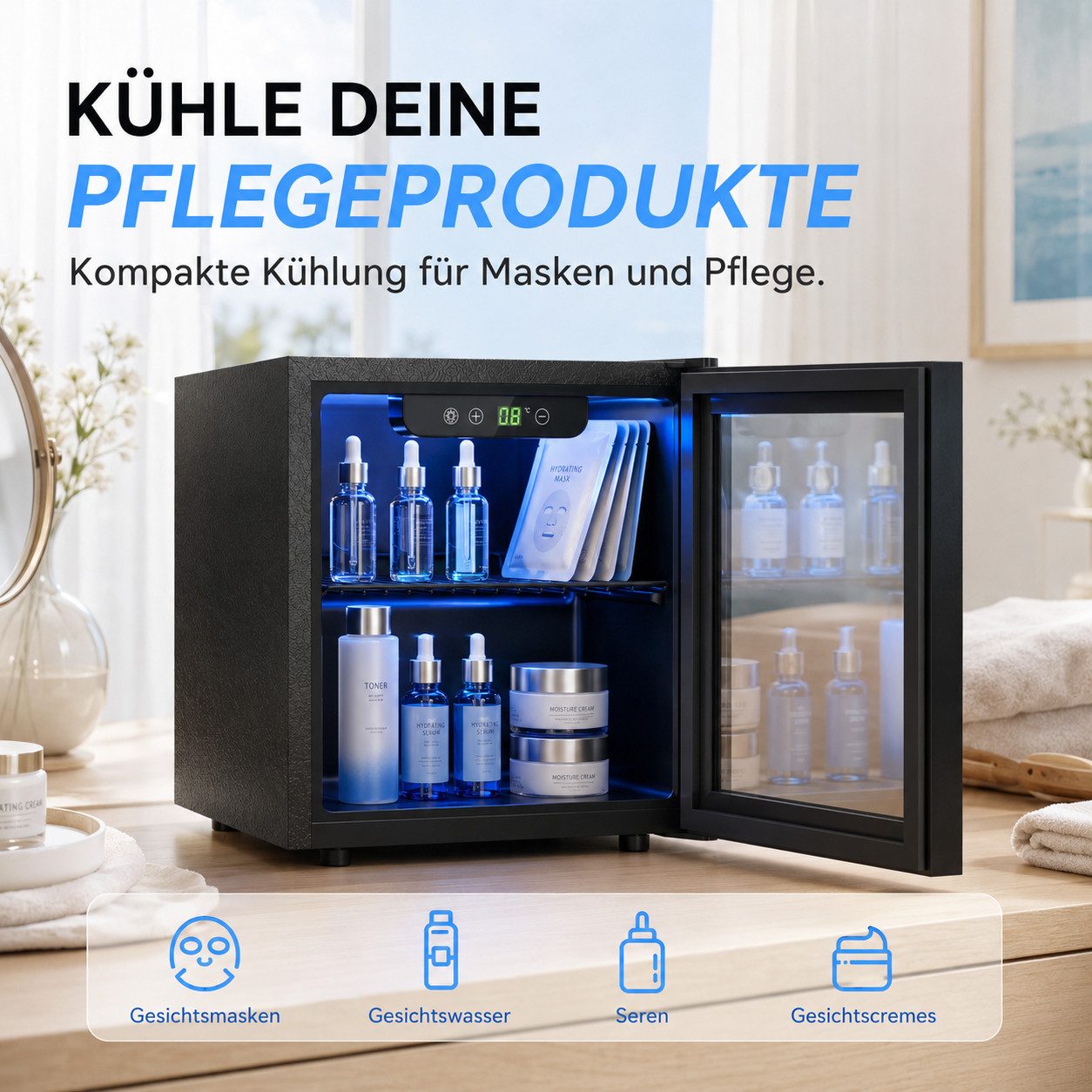 Furnicopia Getränkekühlschrank leise, 24 Dosen/6 Flaschen, verstellbares Regal, Digital-Display, Energieklasse E JC-36UEL-F, Kompressor, Doppelglas, LED, wenig Reif