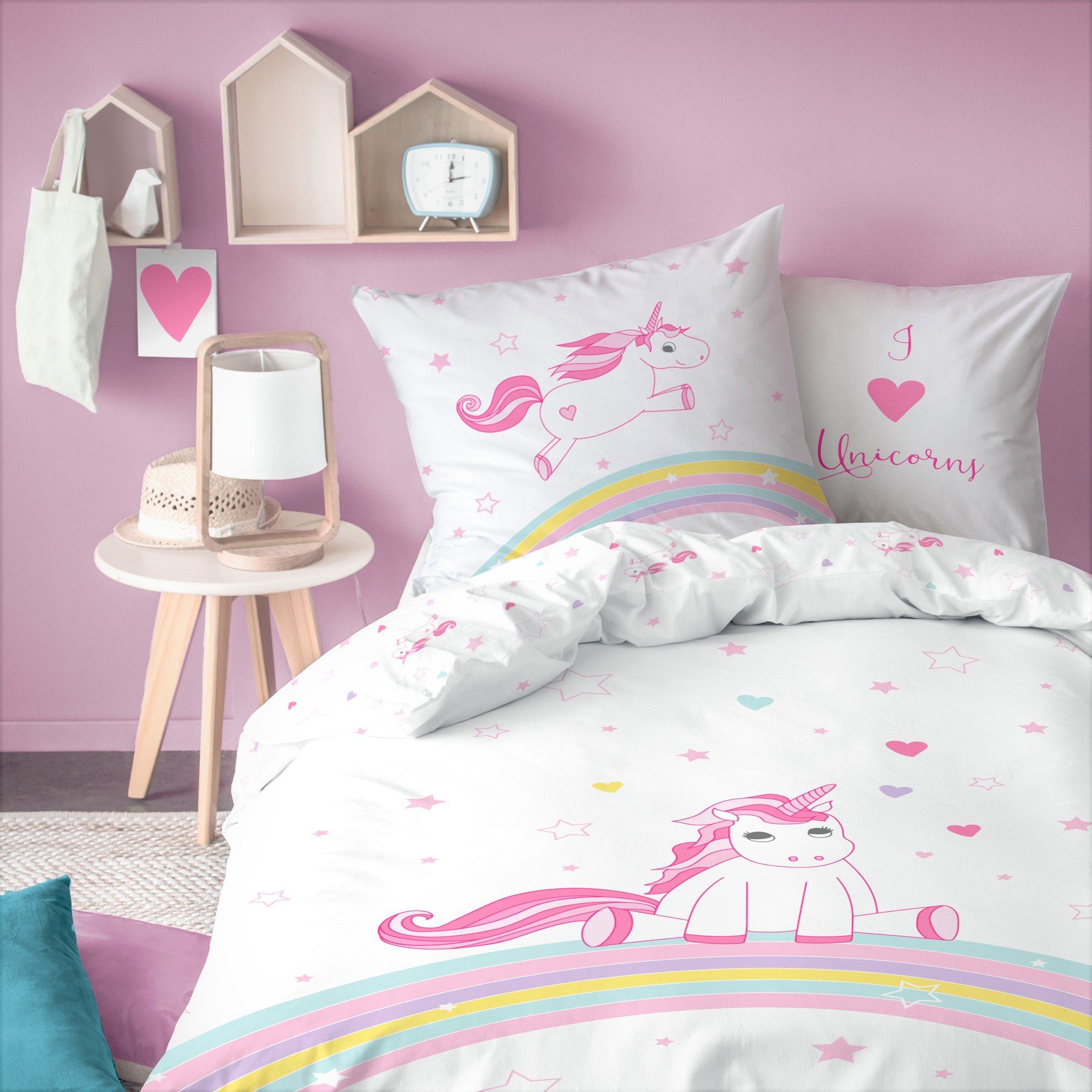 MTOnlinehandel Kinderbettwäsche Einhorn Regenbogen 135x200 + 80x80 cm, 100 günstig online kaufen