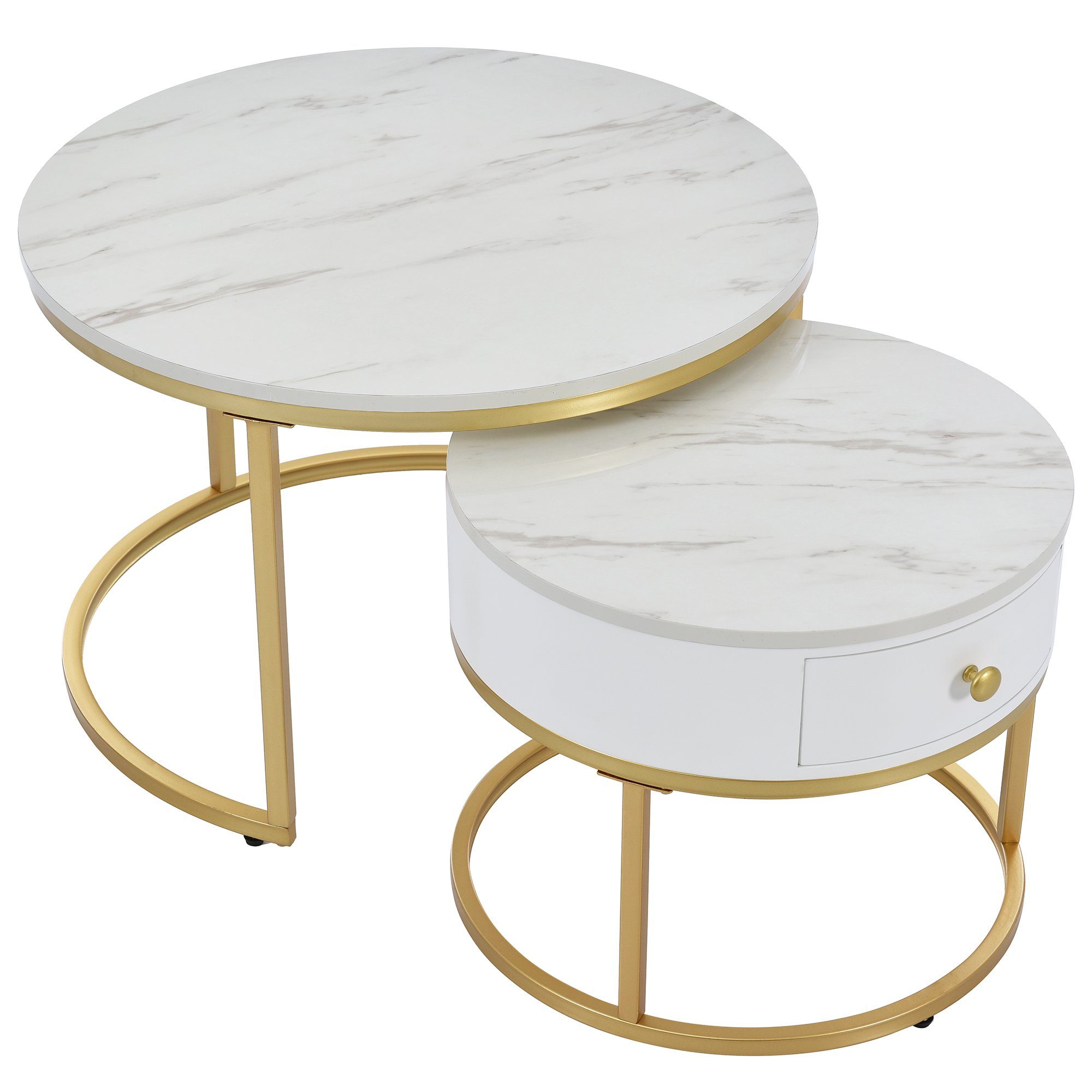 Couchtisch (2-St., Sofatische Satztische in hochglanz Marmoroptik), rund Beistelltisch ∅70x45cm ∅50x40cm, Gestell aus Metall