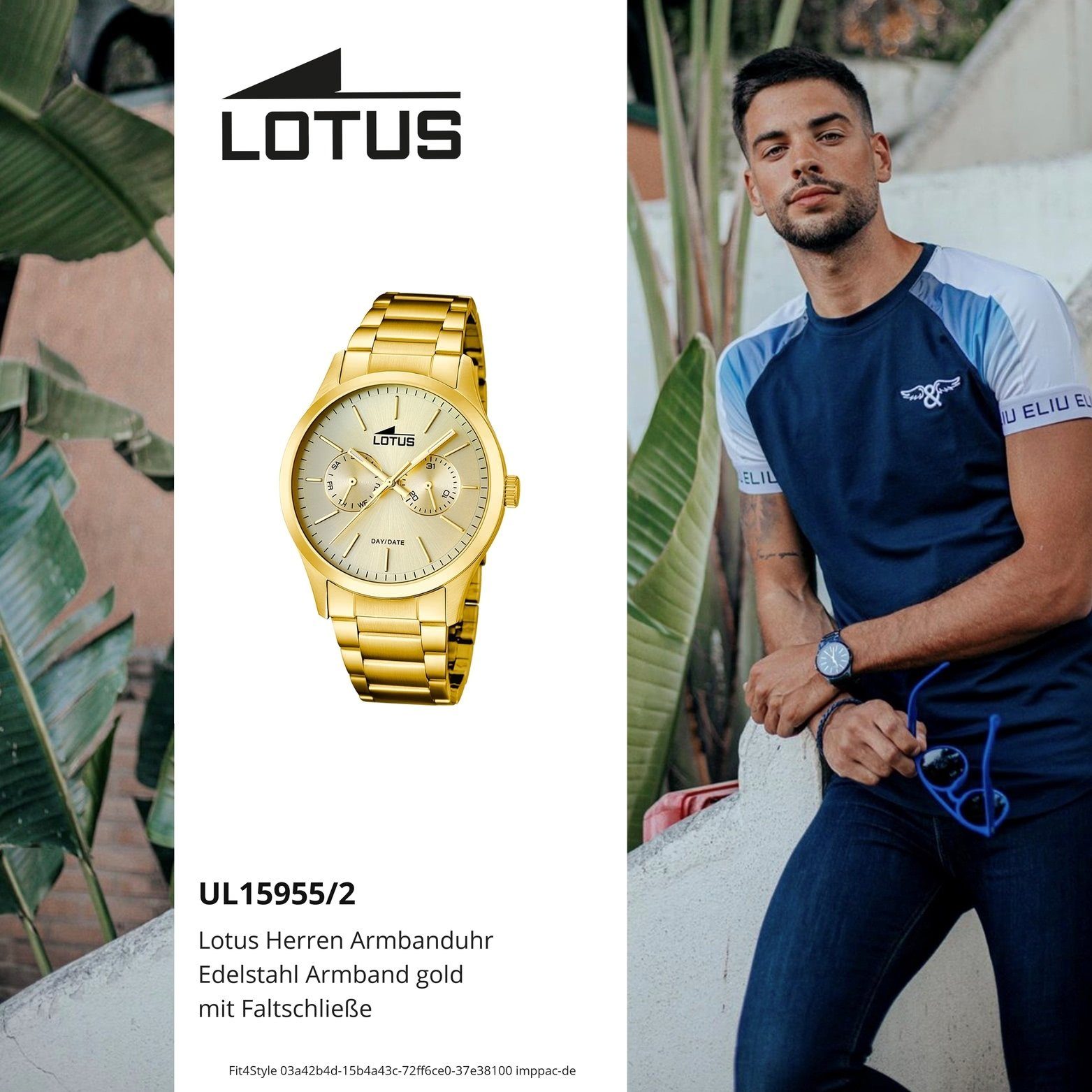 Edelstahl, L15955/2, rundes Edelstahl Herren groß Lotus mit Herrenuhr Uhr Lotus 45mm) PVDarmband, Gehäuse, Quarzuhr (ca.