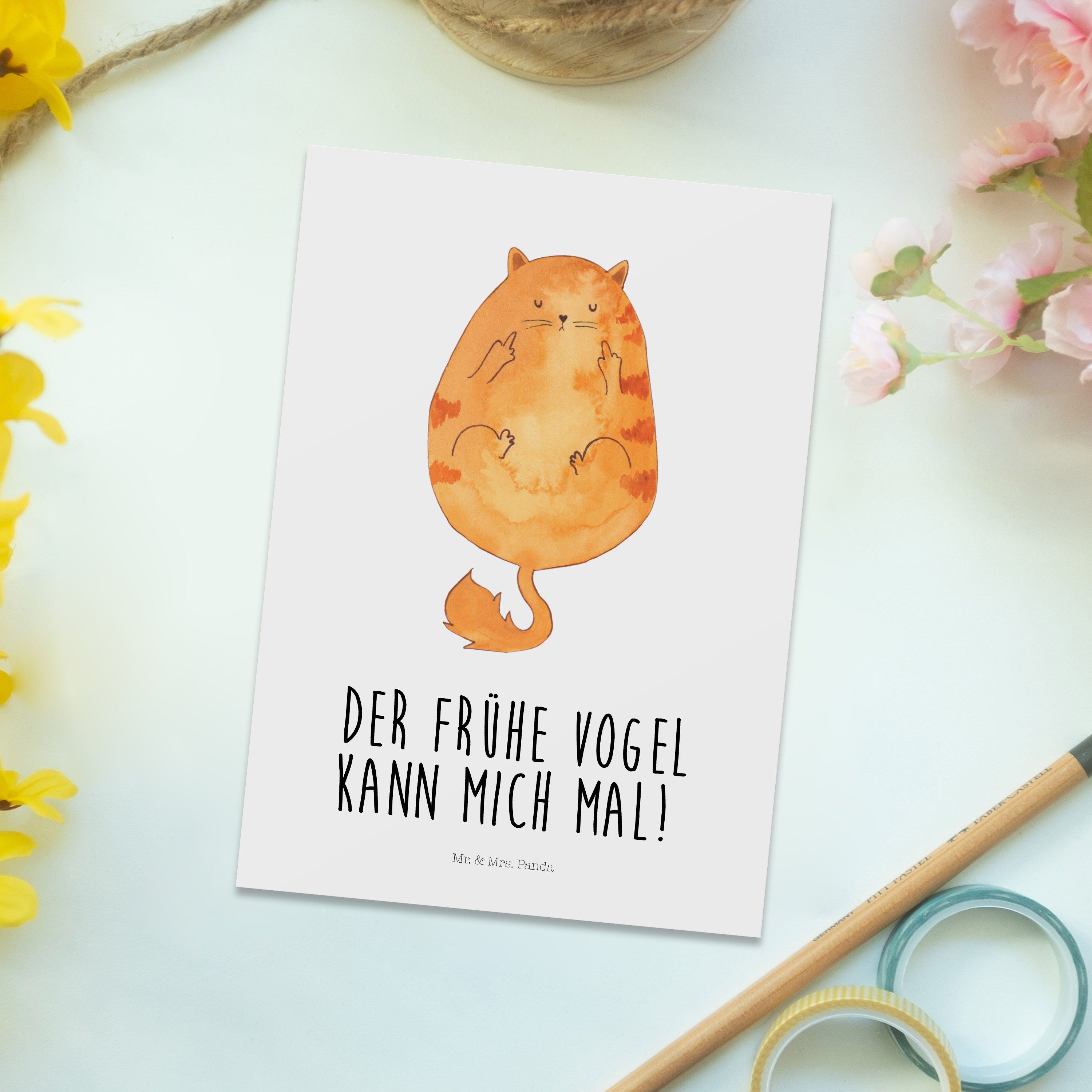 Morgenmuffel, Mrs. & Postkarte Ansichtska Geschenk, Frühaufsteher - Katze - Miau, Mr. Panda Weiß