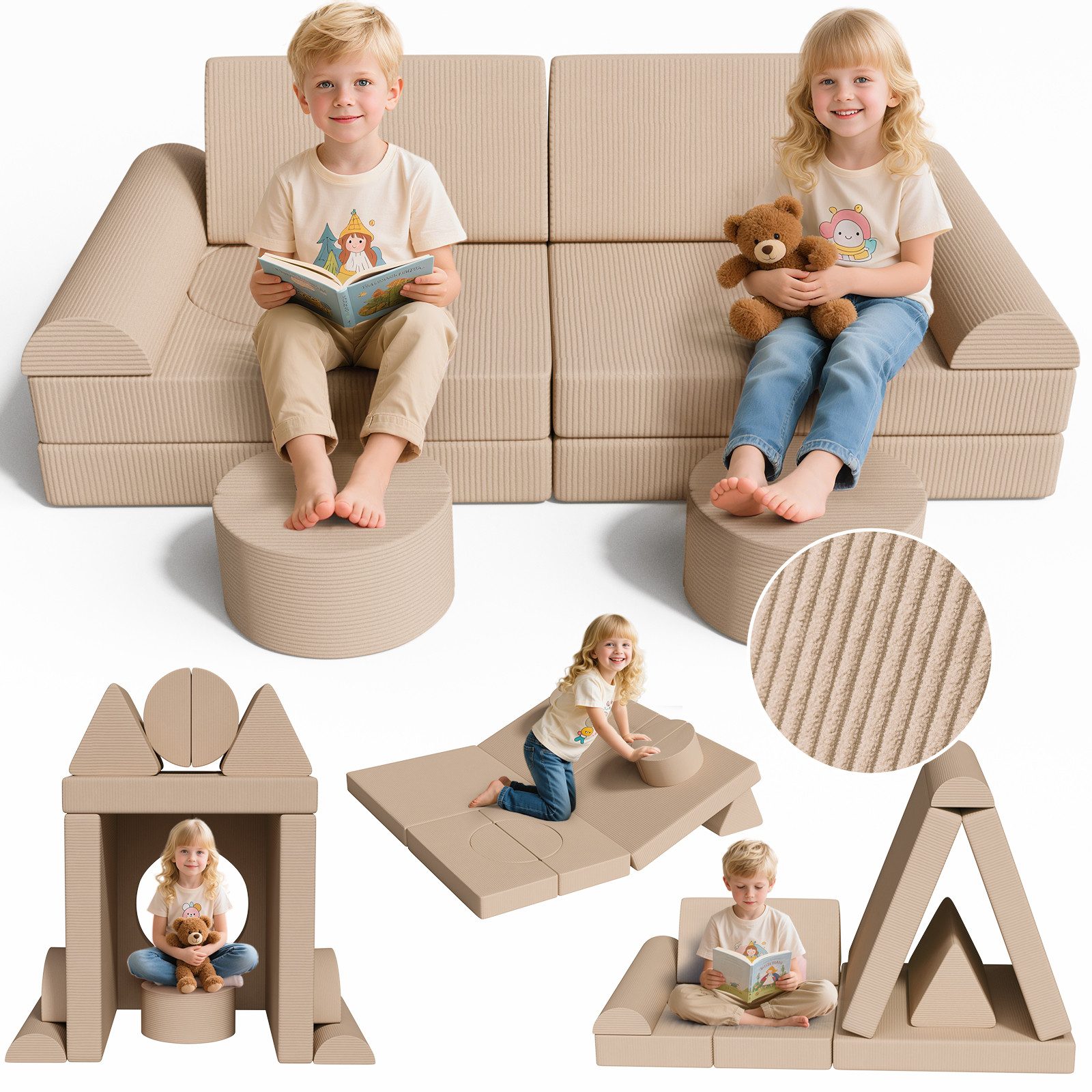 TLGREEN Kindersofa Spielsofa Cord, 15-Teiliges Modulare Kinderspielcouch, Kindersofa-Bausteine, Spielsofa für Kinder, kreatives Spielen für Kuschelecke im Kinderzimmer