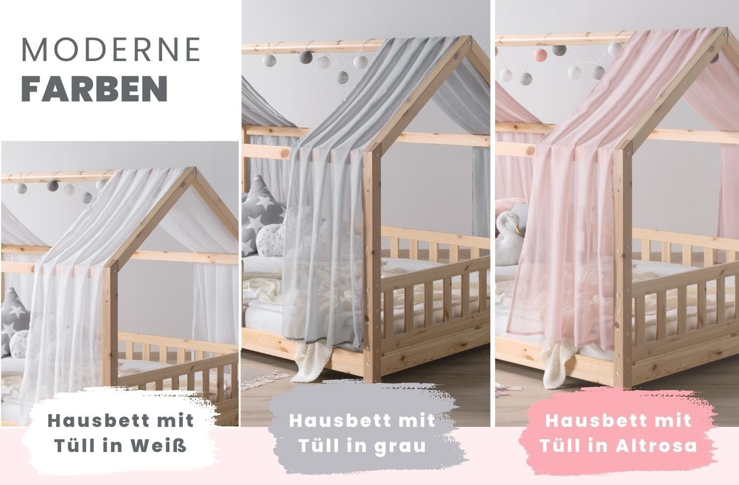 Ticaa Hausbett Kim mit Rausfallschutz aus Kiefer, Kinderbett 90x200, inkl. Tüll-Set, mit Rollrost