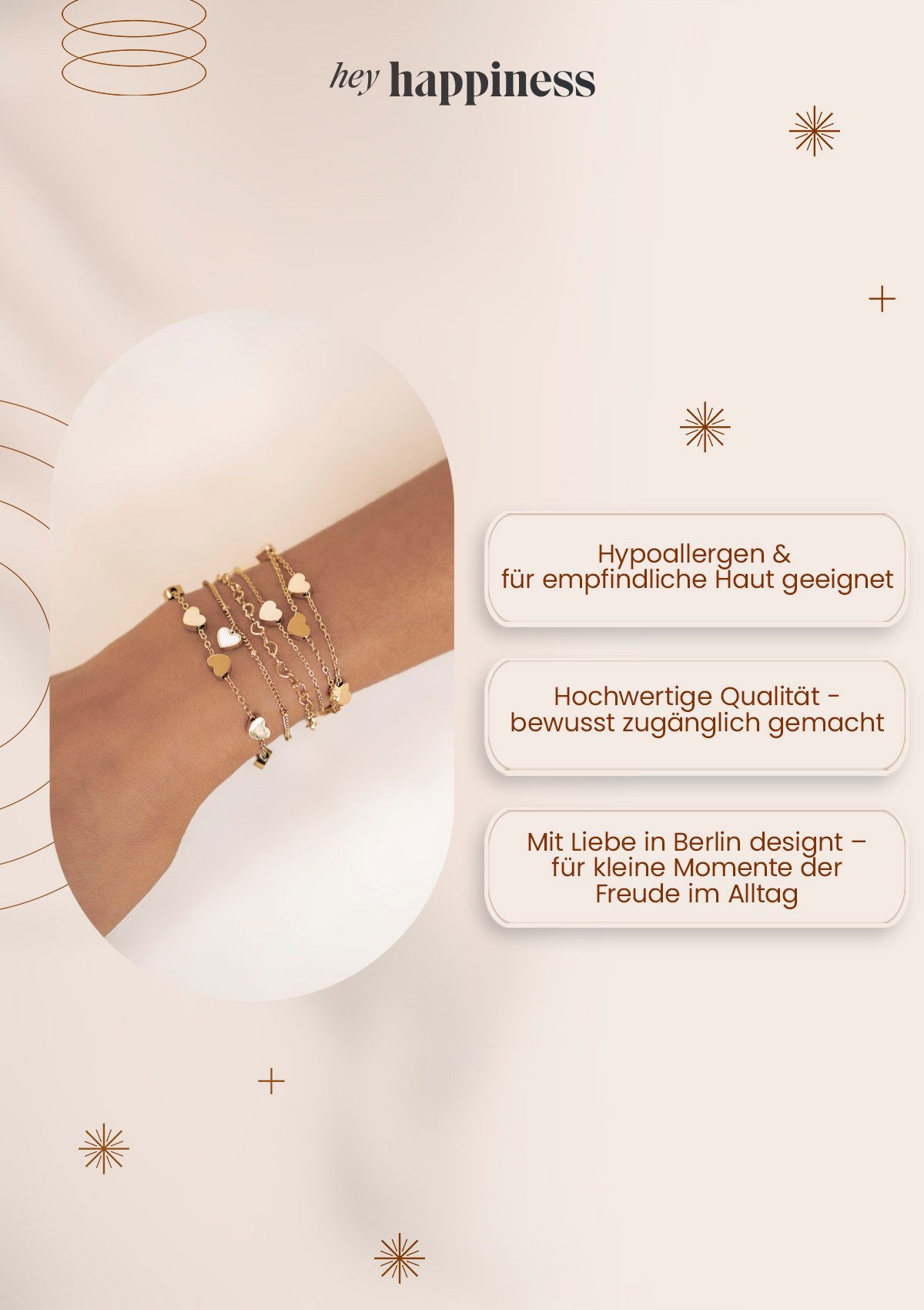 Hey Happiness Gliederarmband Herz Damen, vergoldet 18K Roségold, Edelstahl Armkette Liebe, Geschenkidee