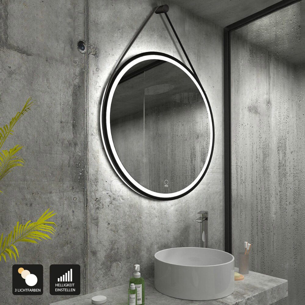 HOME DELUXE Badspiegel LED-Spiegel Rund FIANA - Größenauswahl (Aufhängbar mit und ohne Band), Antibeschlagsystem, Stufenloses Dimmen