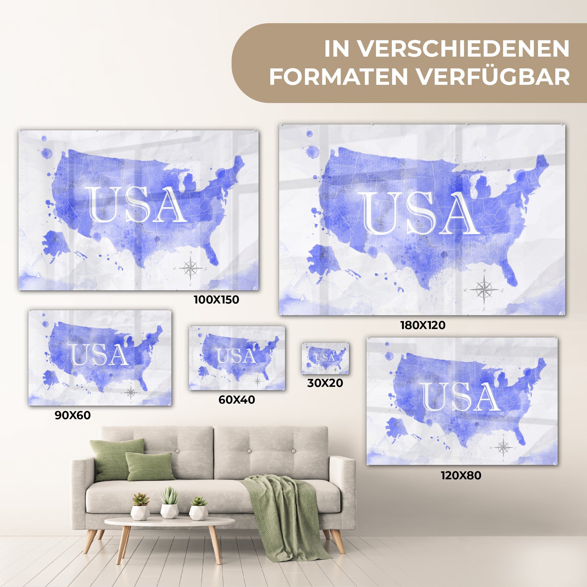 - Foto - Wandbild Glasbilder Blau - auf St), - MuchoWow Acrylglasbild Staaten Wanddekoration (1 auf Glas - Bilder Weltkarte, Glas Vereinigte