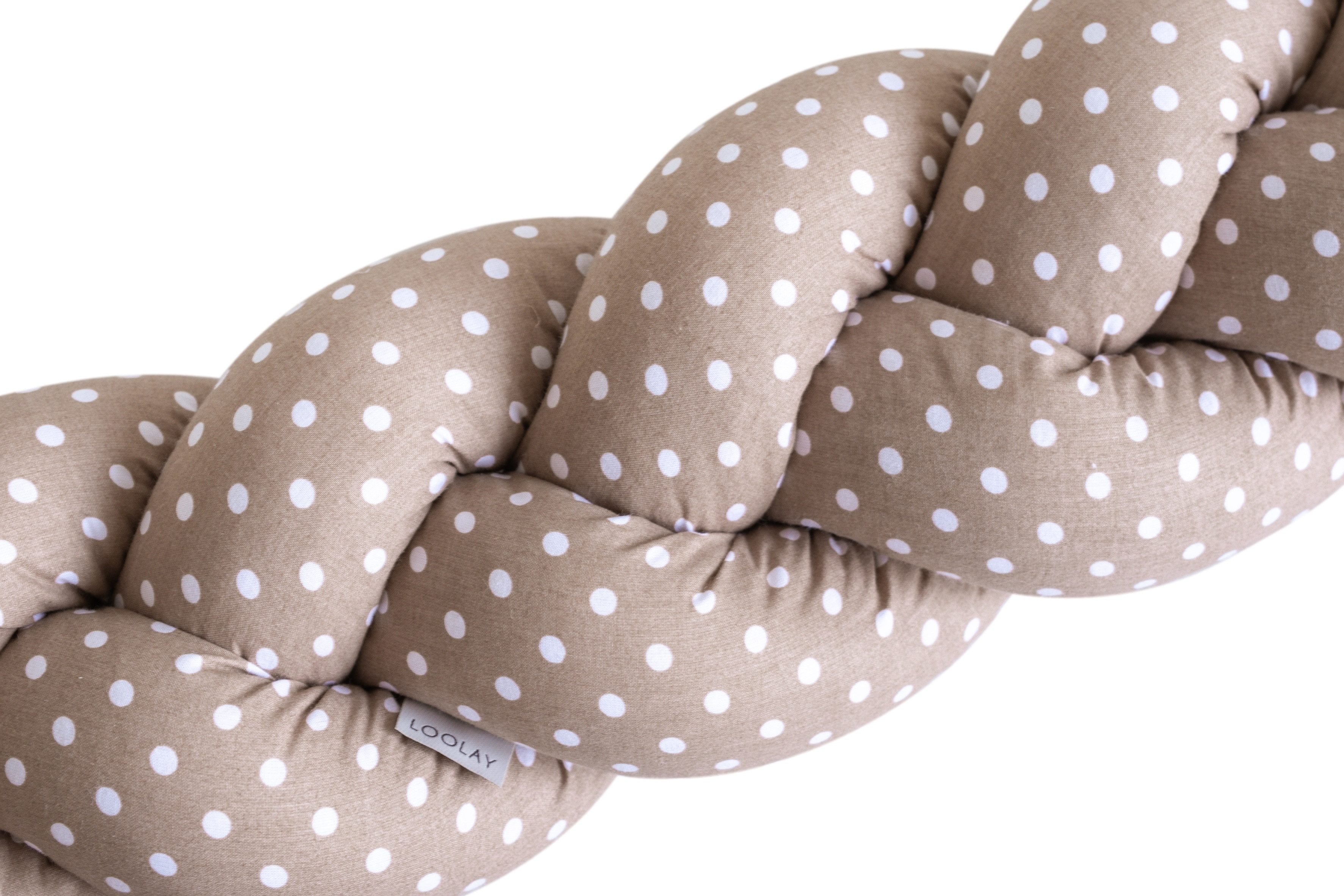Loolay Nestchenschlange Geflochtenes Kissen Zierkissen Dekokissen Bettumrandung BRAUN PUNKTE, (Zugluftstopper Zugluft Schlange Wickeltischumrandung Babybett Kinderzimmer Schutz, Wohndeko Bettschlange 100 150 200 300 400 cm & Länge auf Anfrage), Zugluftsto