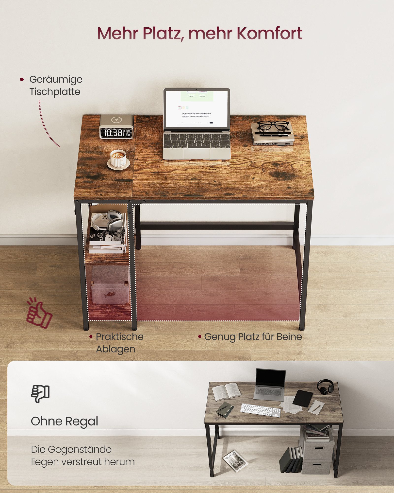 VASAGLE Schreibtisch Computertisch, Tisch, Bürotisch, 100/120/140cm, mit 2 Ablagen, moderner Stil