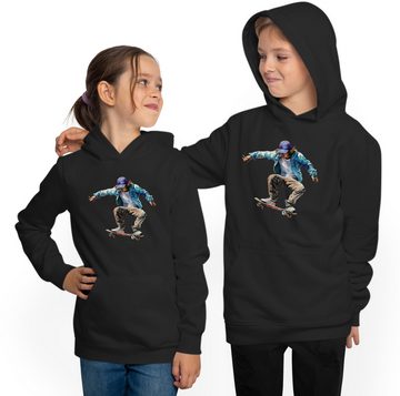 MyDesign24 Hoodie Kinder Kapuzensweatshirt - springender Skateboarder in Ölfarben Kapuzenpulli mit Aufdruck, i552